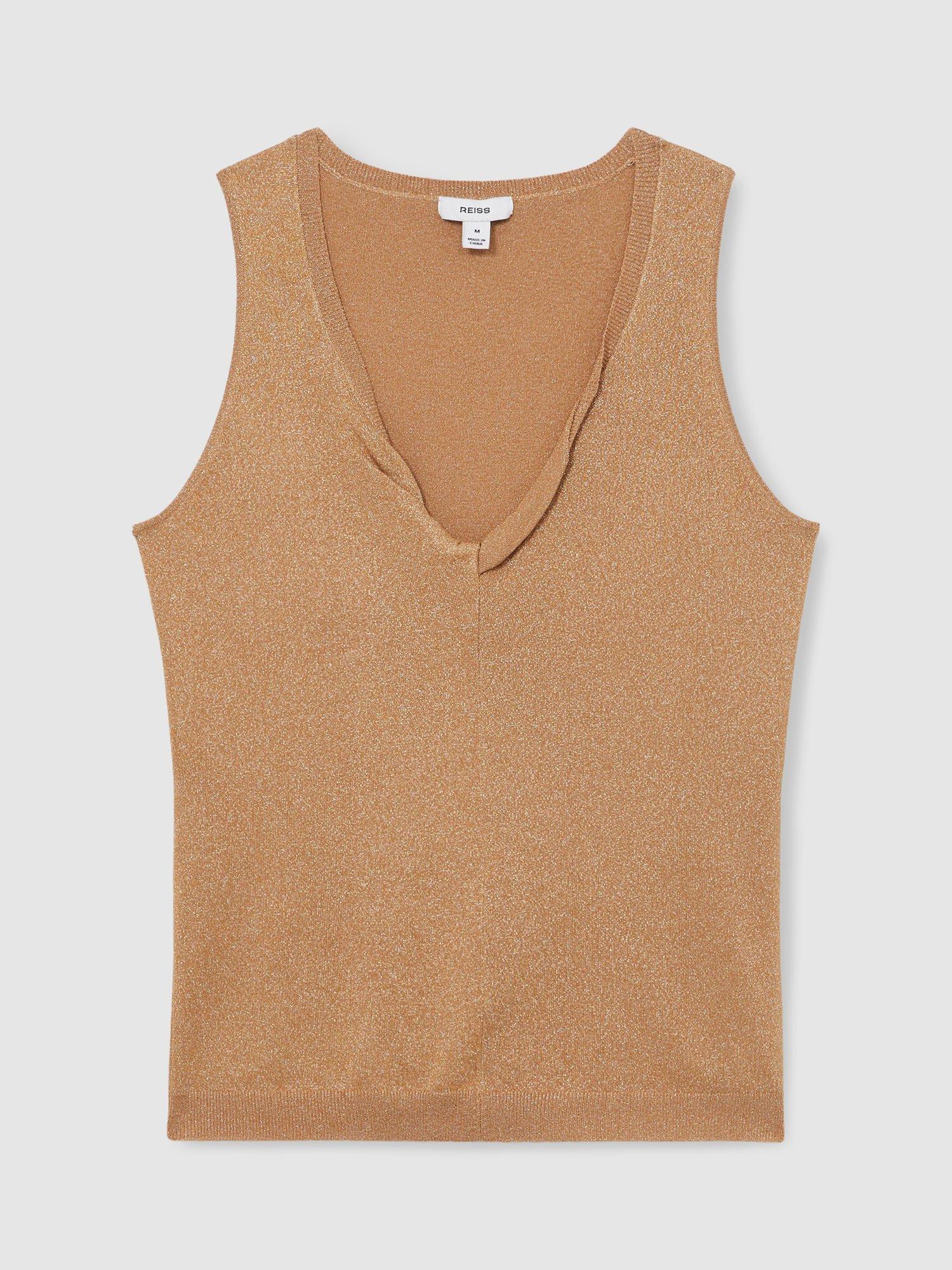 Product image 3 of 5, which shows Reiss Sia Sleeveless Metallic Twisted V-Neck Top, Gold, S