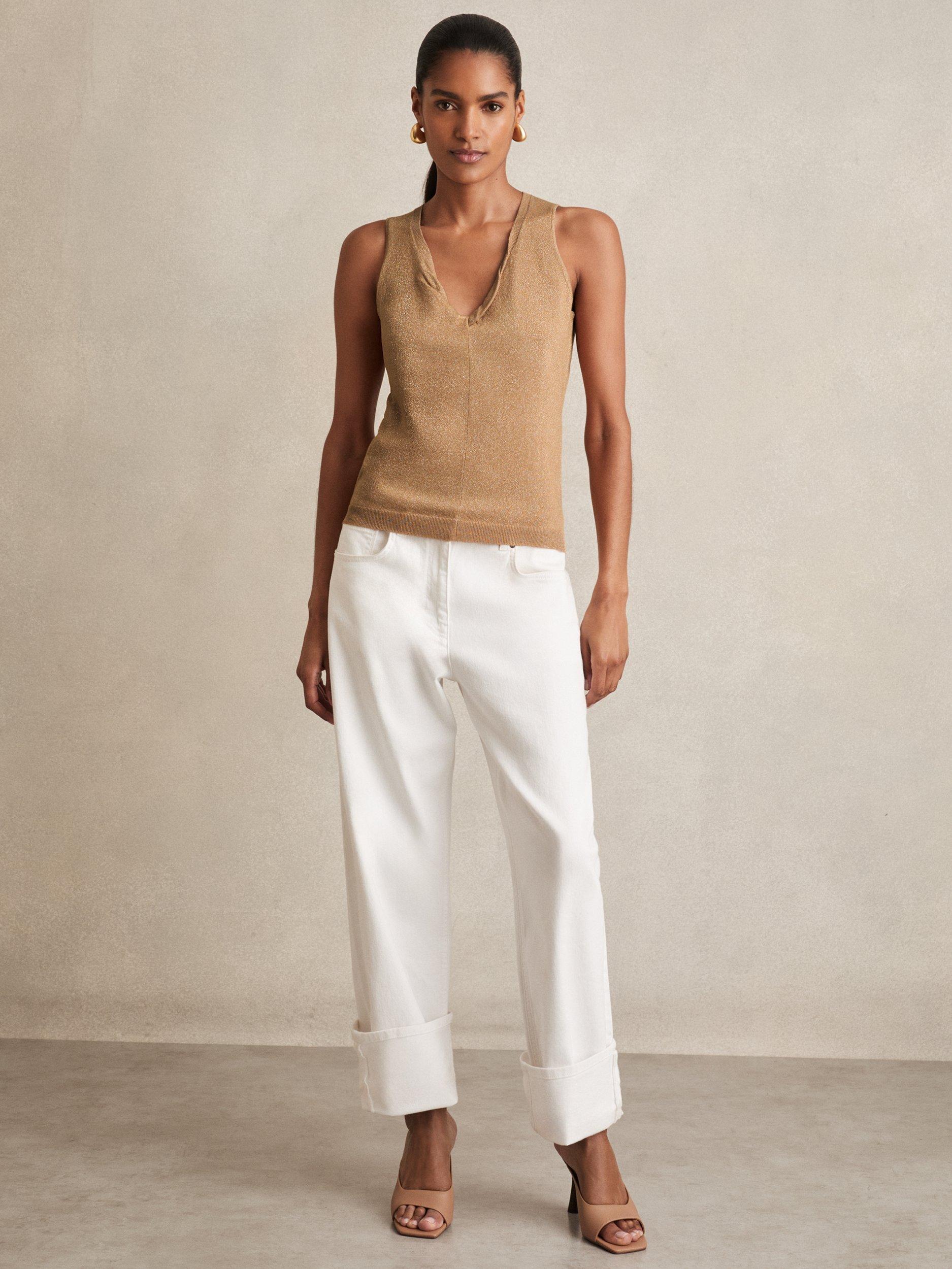 Product image 4 of 5, which shows Reiss Sia Sleeveless Metallic Twisted V-Neck Top, Gold, S