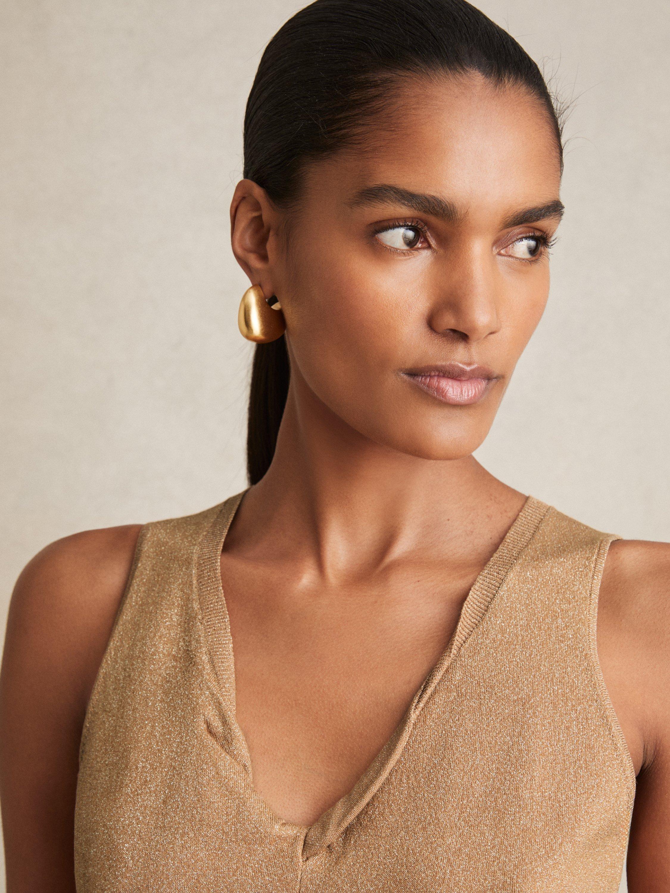 Product image 5 of 5, which shows Reiss Sia Sleeveless Metallic Twisted V-Neck Top, Gold, S