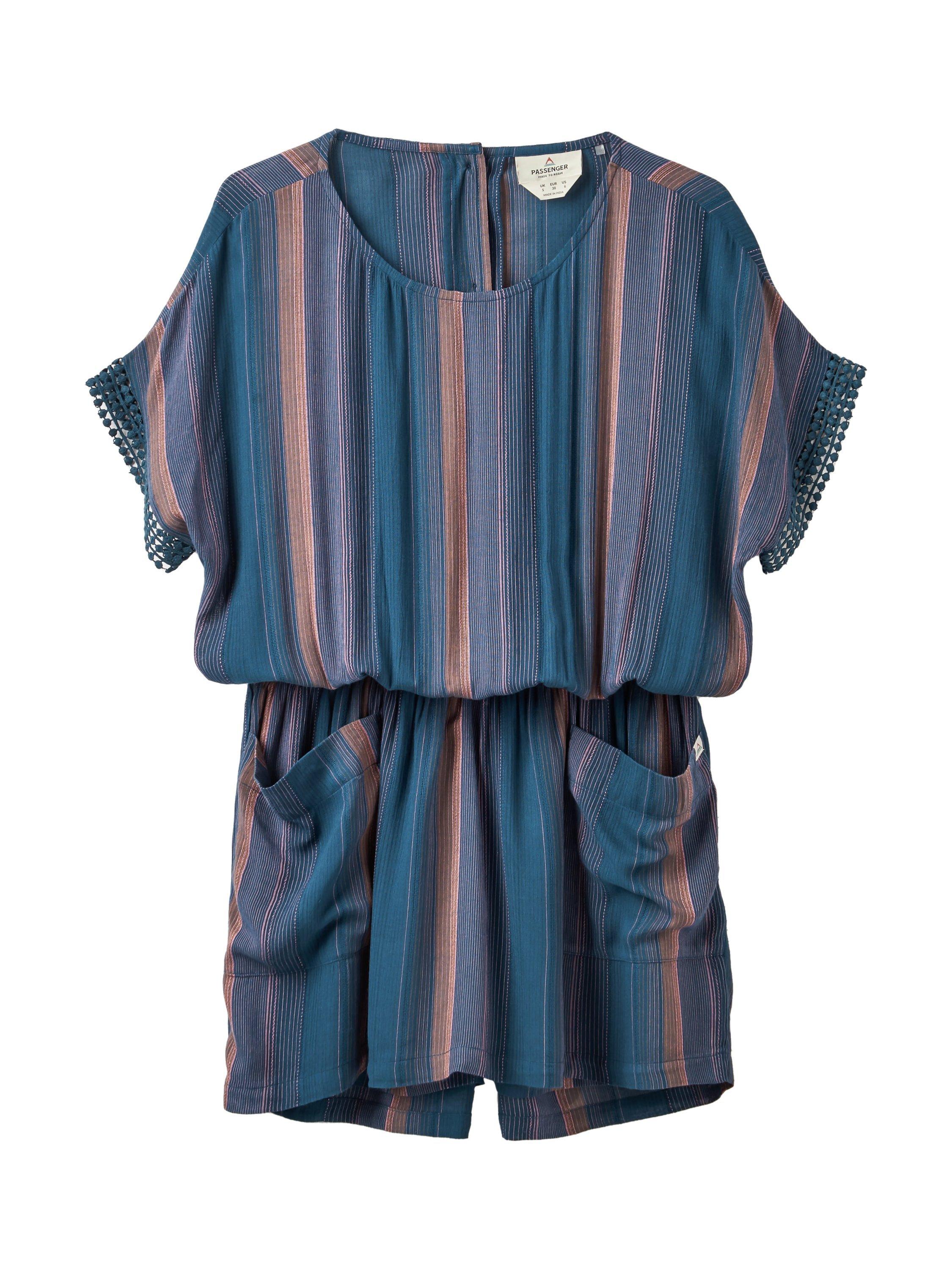 Product image 1 of 5, which shows Passenger Clarity Short Skort Dress, Denim Multi Stripe, XS