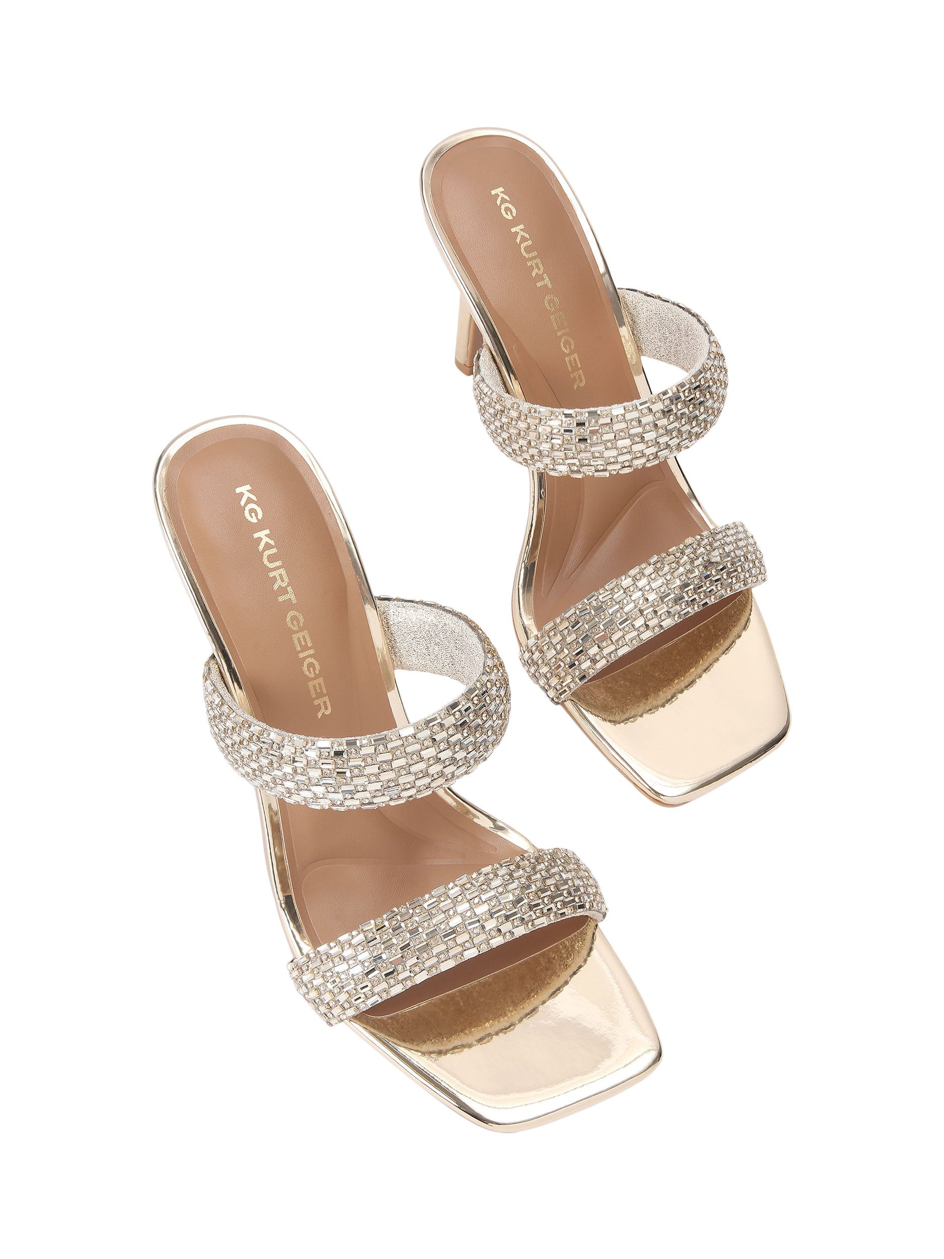 Product image 3 of 4, which shows Kurt Geiger London Fleur Heeled Mules, Gold, 3