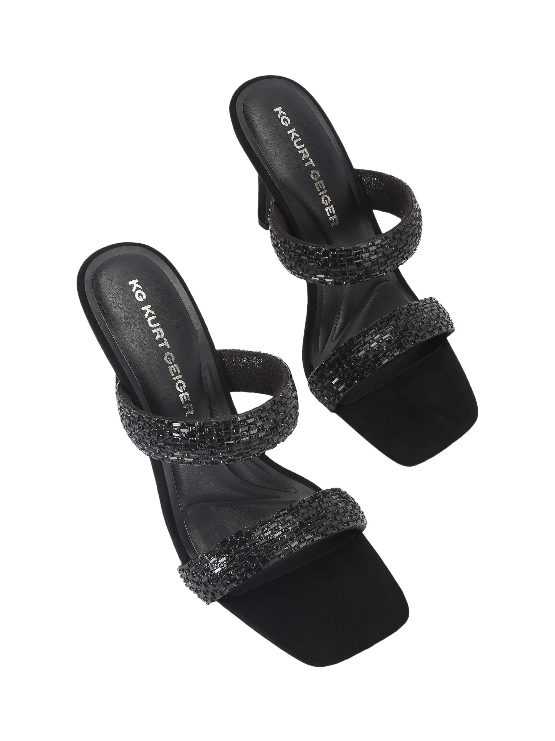 Product image 2 of 4, which shows Kurt Geiger London Fleur Heeled Mules, Black, 3