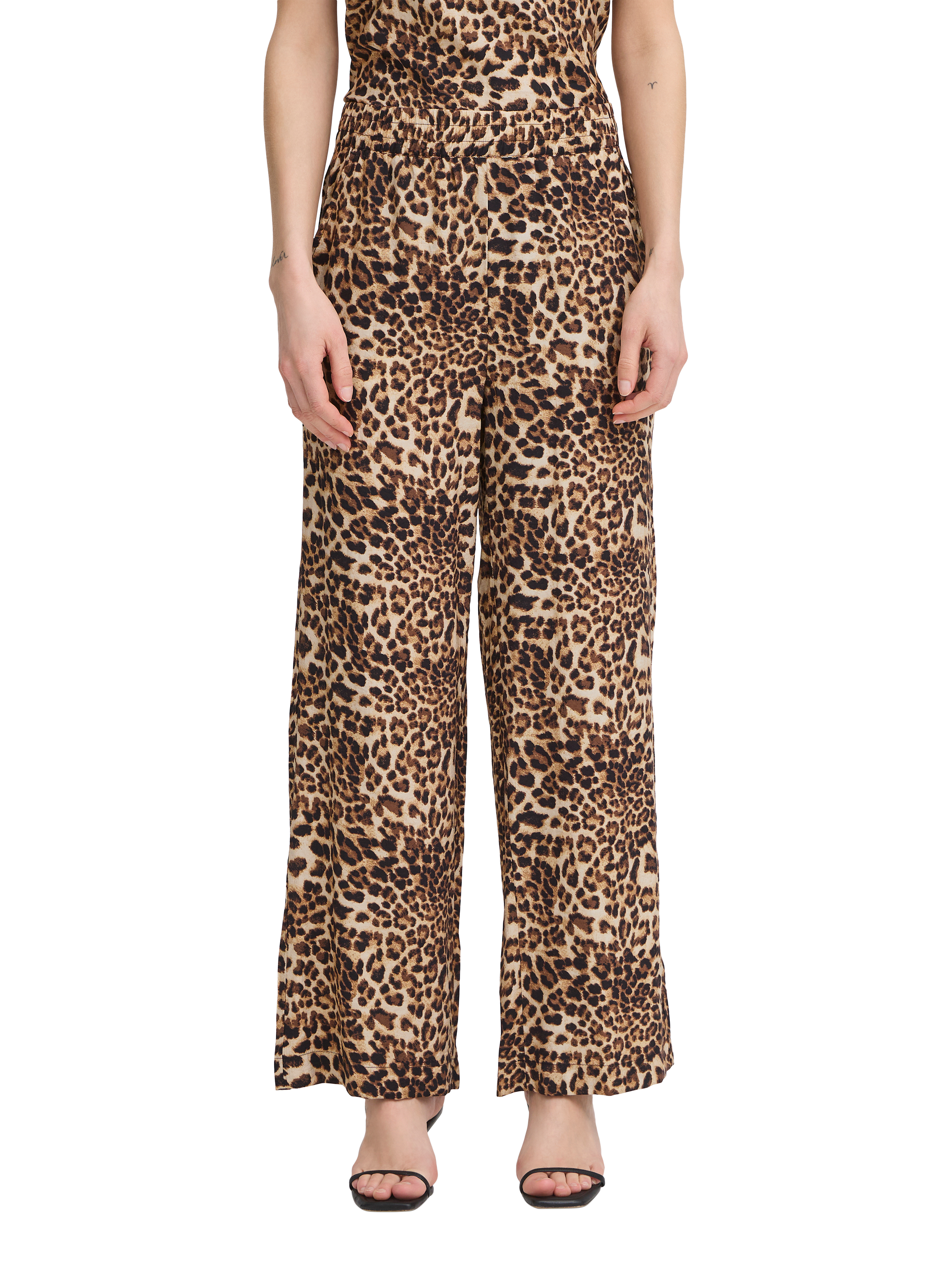 Product image 1 of 6, which shows ICHI Anisse Leopard Print Trousers, Sandshell/Brown, 8