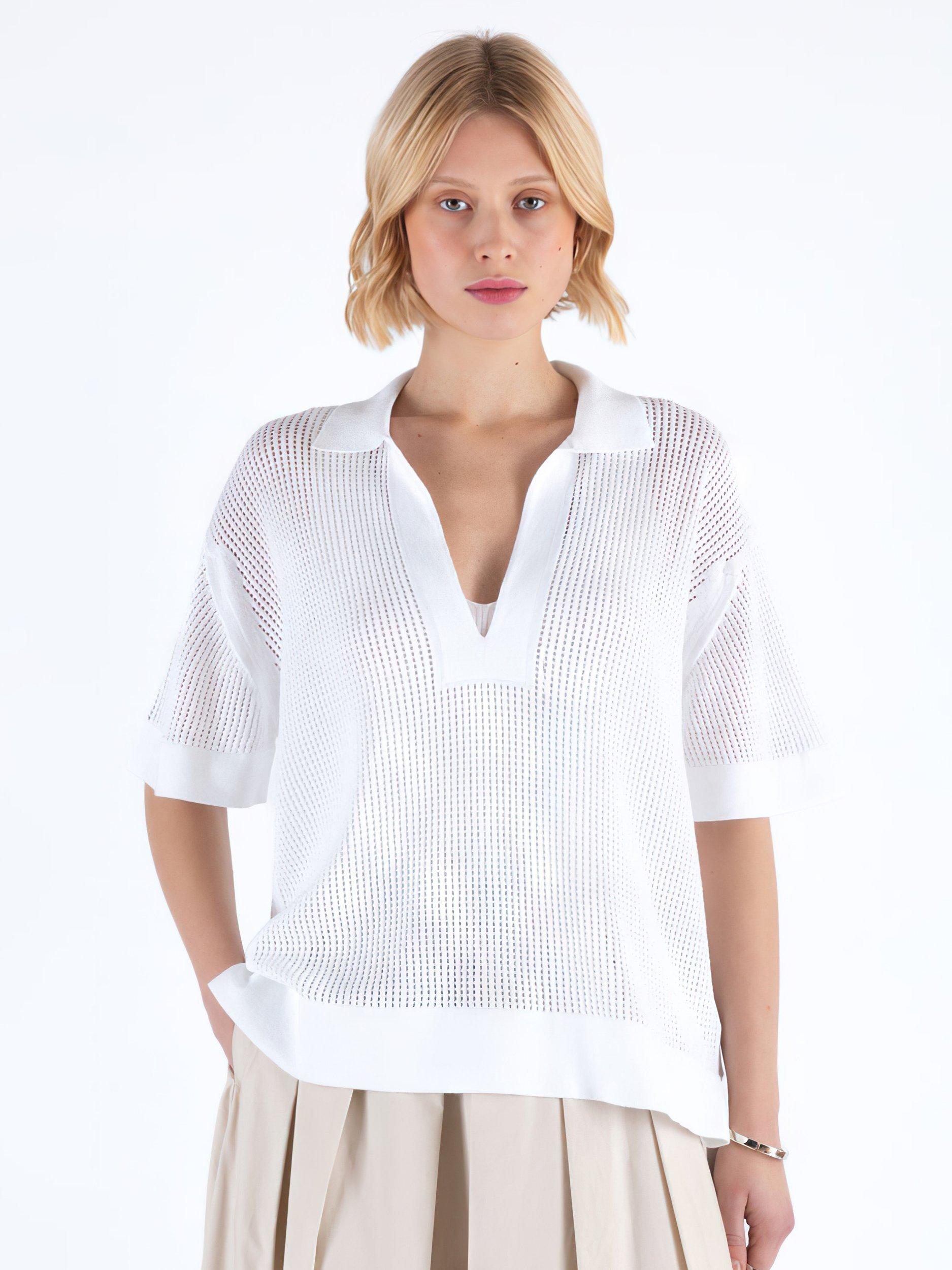Product image 1 of 5, which shows John Smedley Zarah Notch Neck Knit Top, White, XS