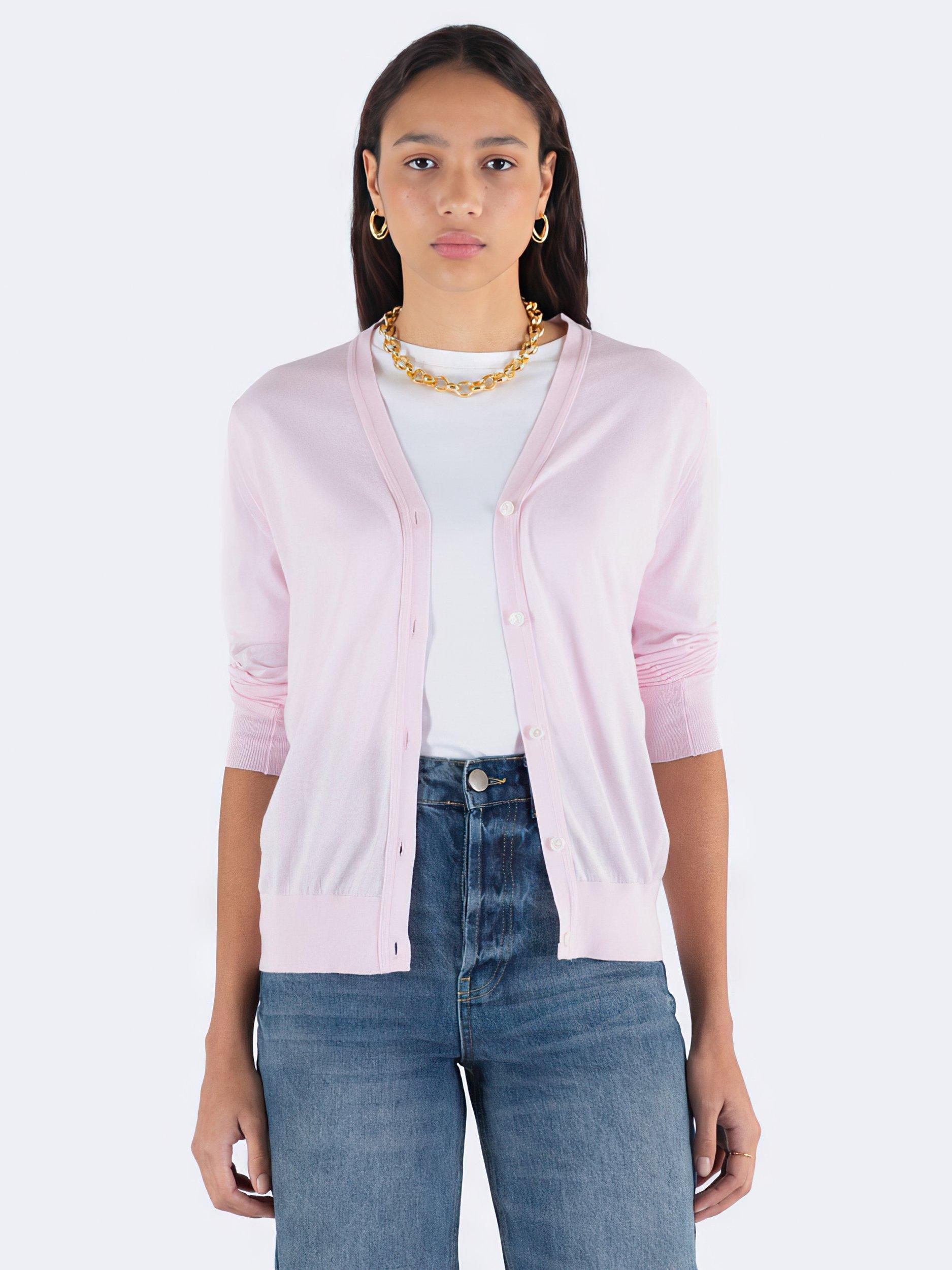 Product image 1 of 5, which shows John Smedley Yasmin Cardigan, Soft Pink, L