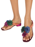 Kurt Geiger London Pom-Pom T-Bar Flat Sandals, Wine/Multi