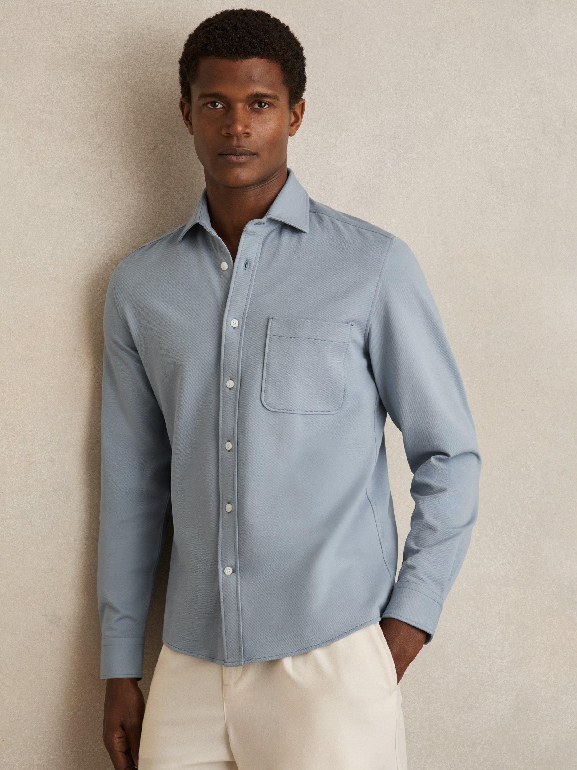 Product image 1 of 5, which shows Reiss Kappo Cotton Blend Overshirt, Soft Blue, XS