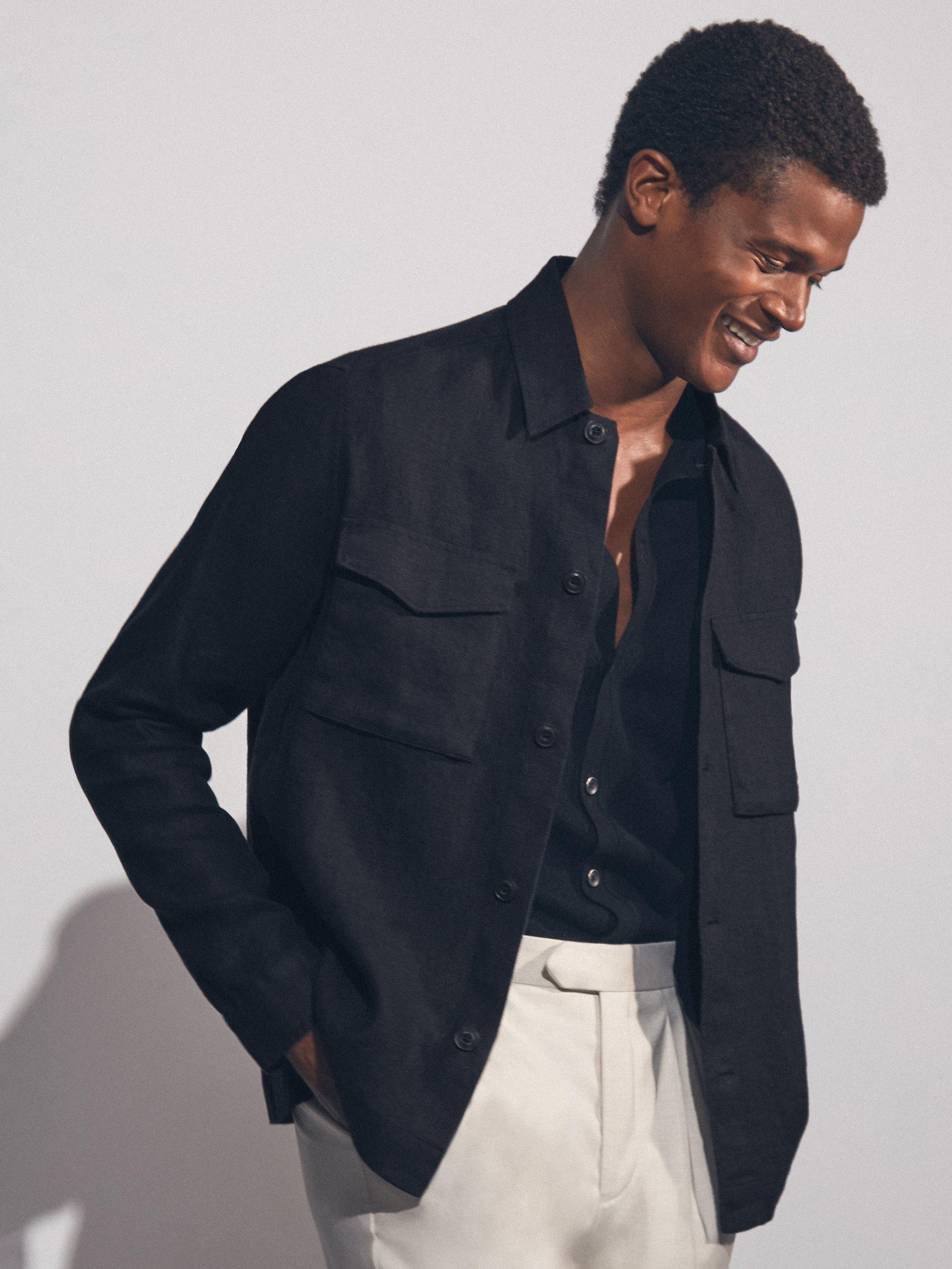 Product image 1 of 5, which shows Reiss Eze Linen Overshirt, Navy, XS