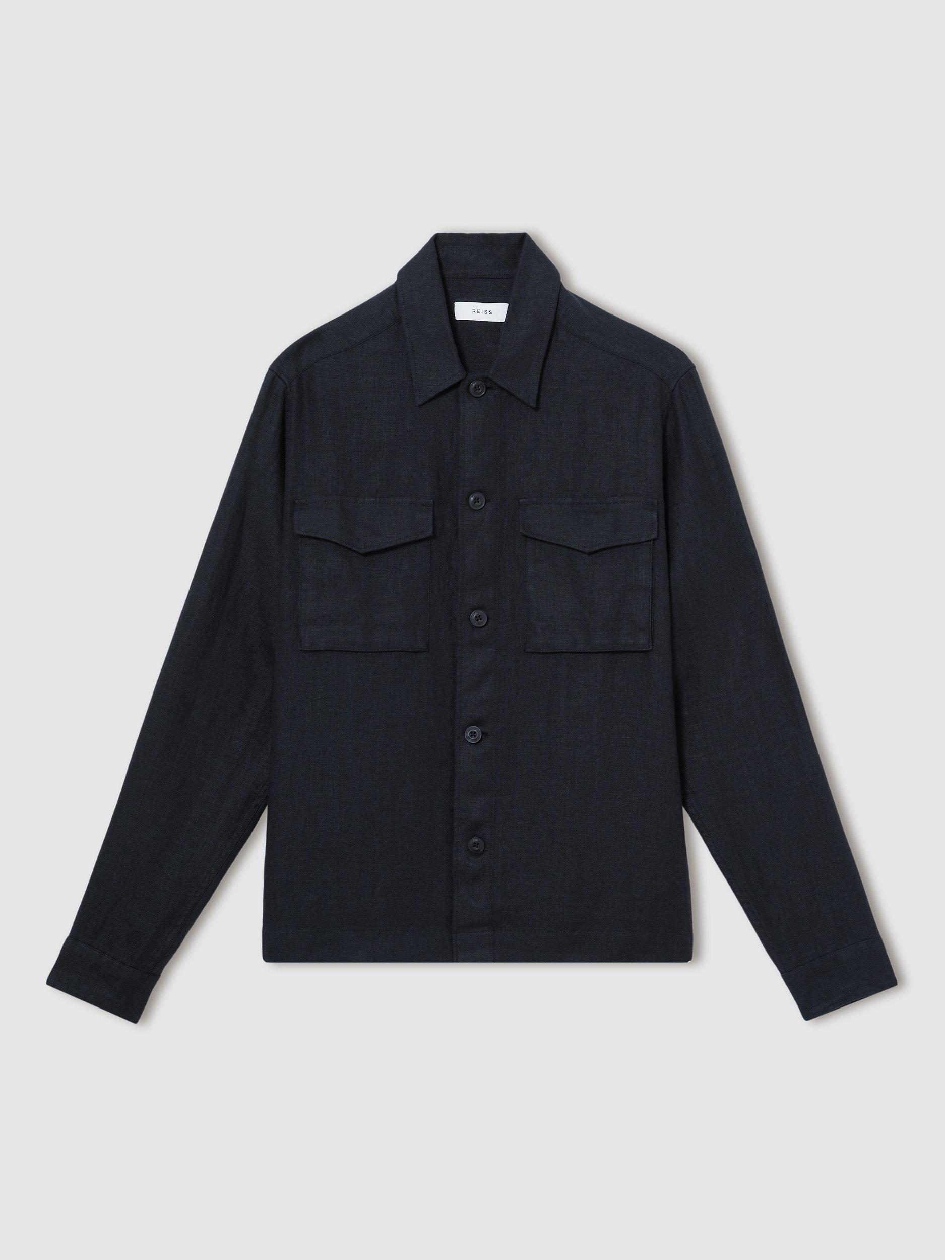 Product image 3 of 5, which shows Reiss Eze Linen Overshirt, Navy, XS