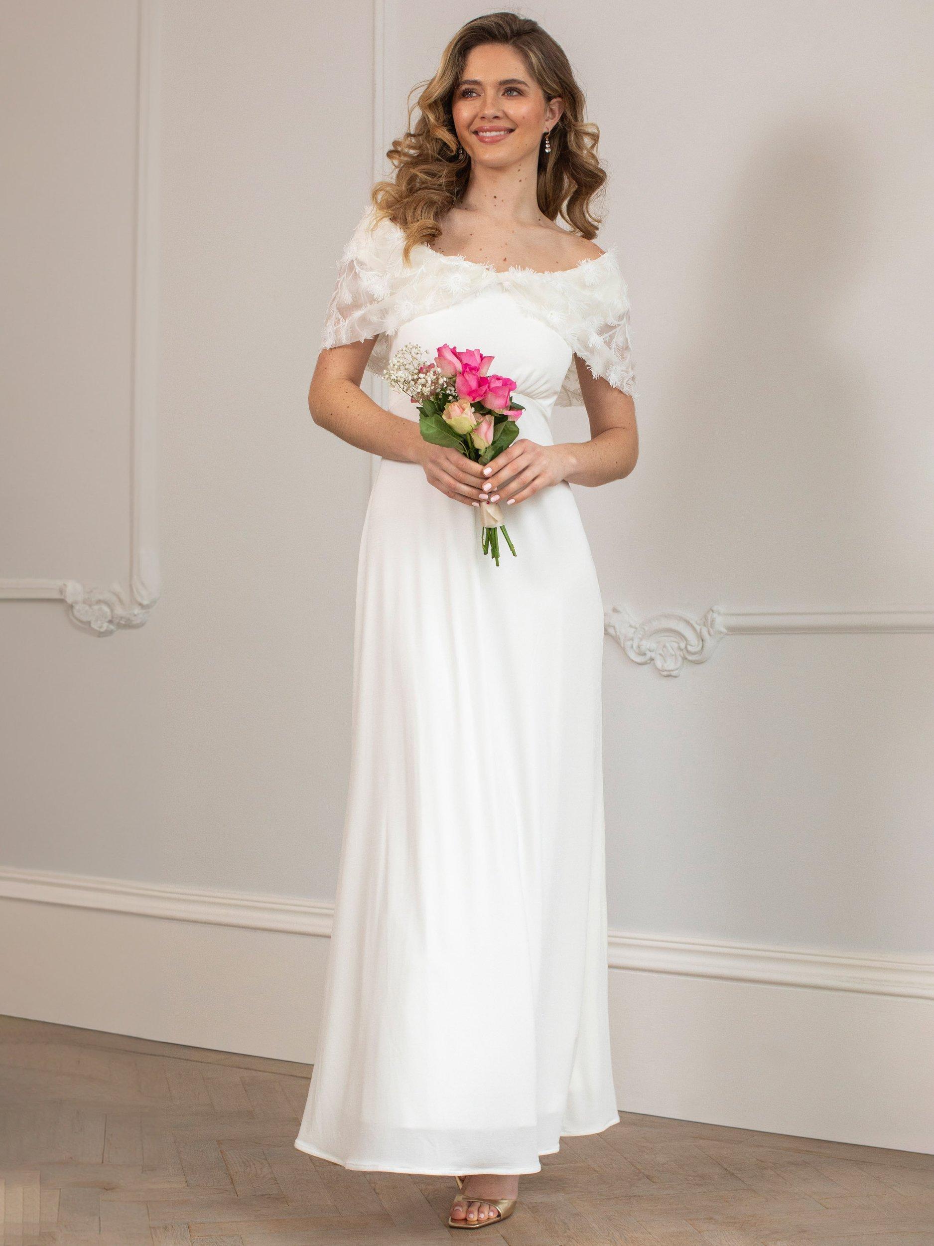 Product image 1 of 7, which shows Alie Street Juliette Cape Neck Wedding Dress, Ivory, 6