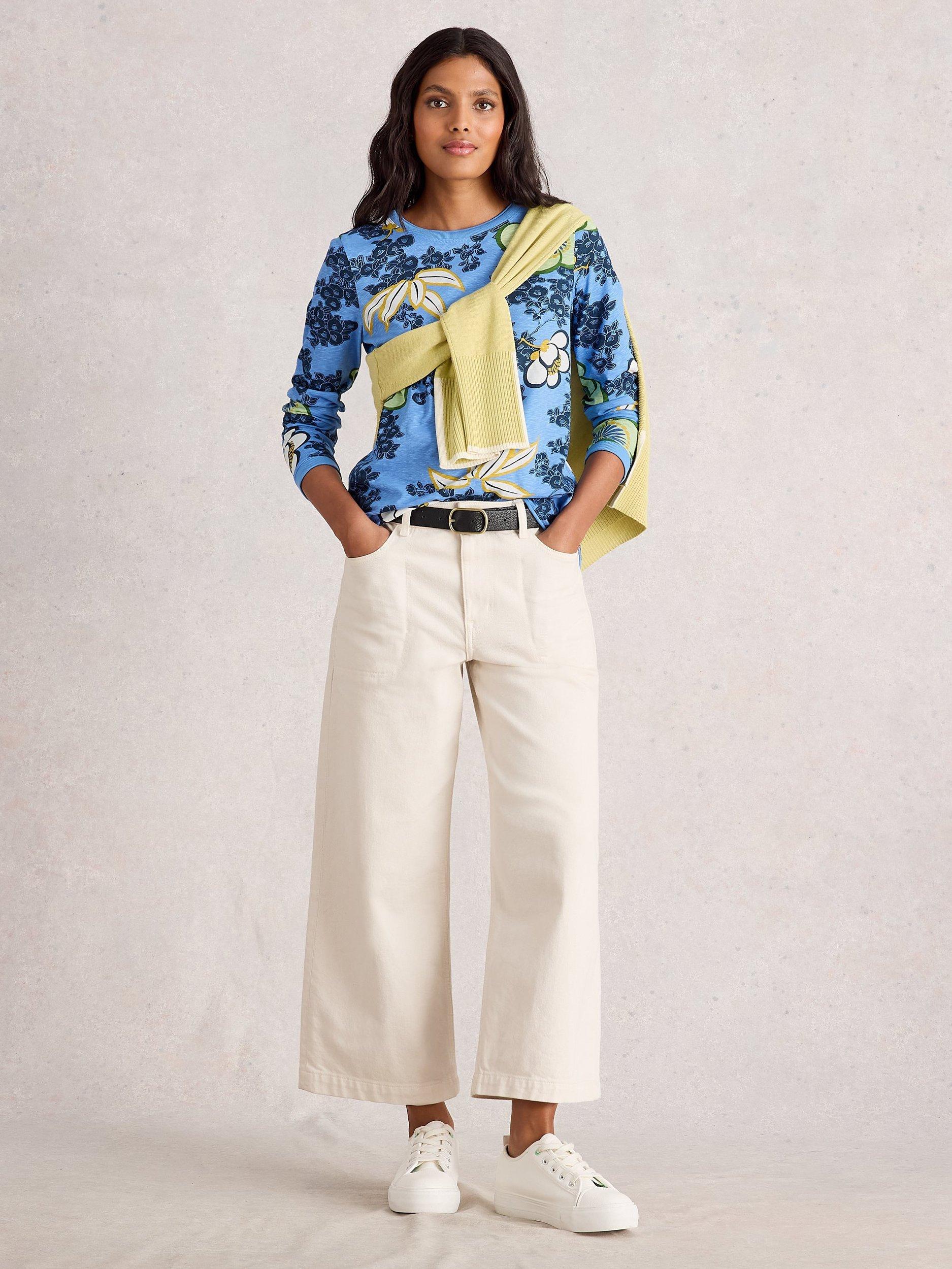 Product image 1 of 6, which shows White Stuff Clara Floral Jersey Top, Mid Blue, 8