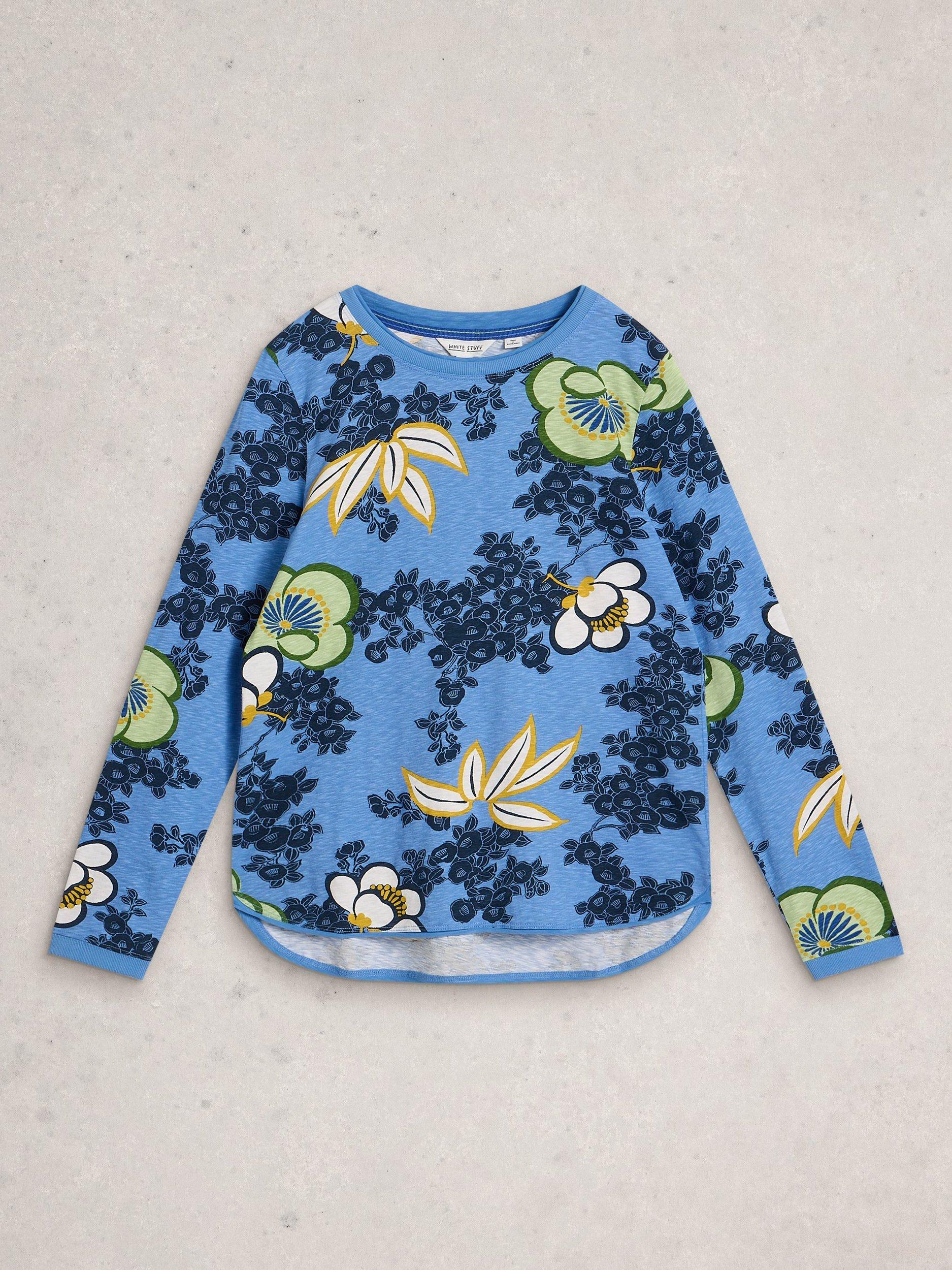 Product image 5 of 6, which shows White Stuff Clara Floral Jersey Top, Mid Blue, 8