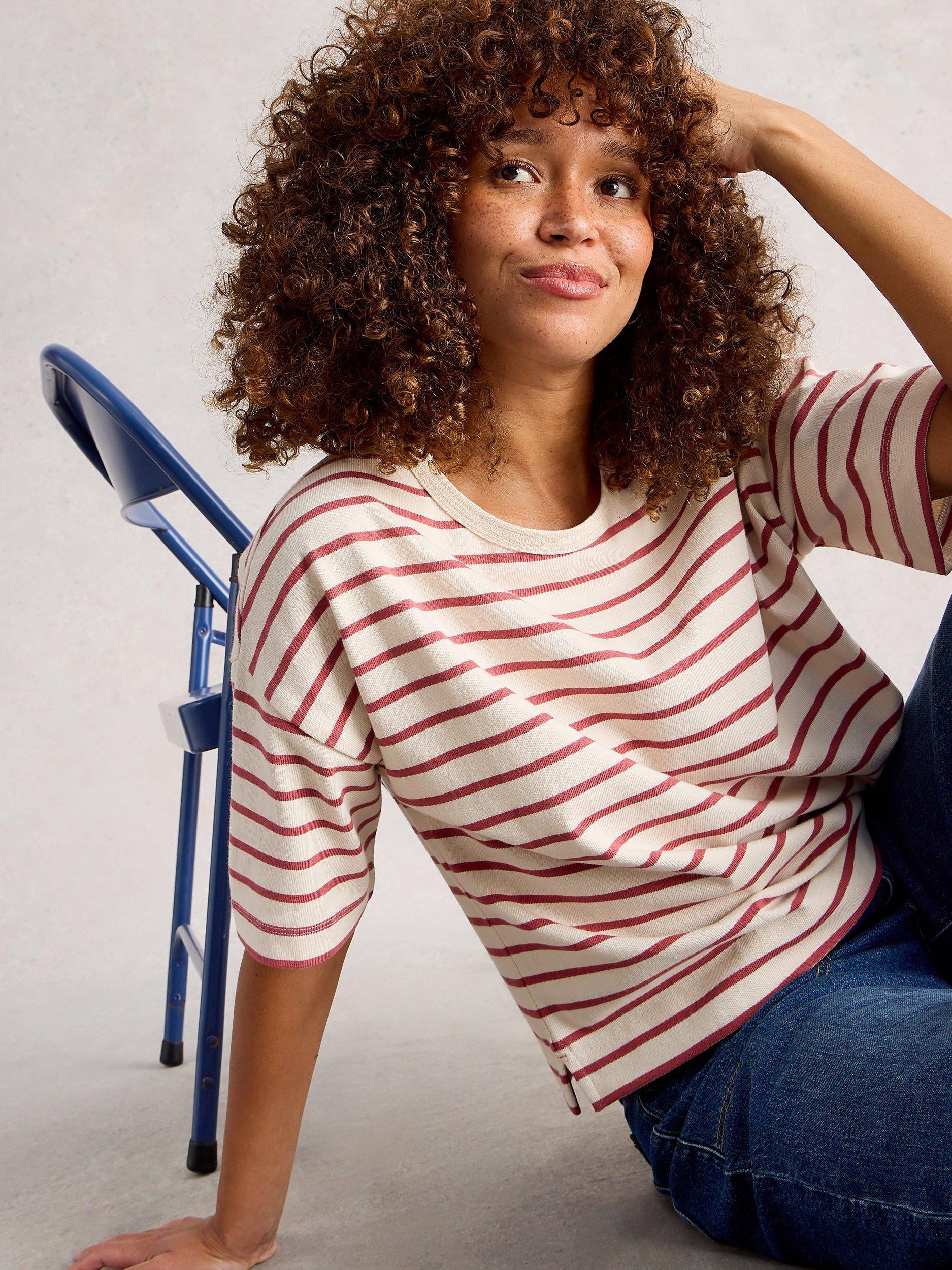 Product image 4 of 6, which shows White Stuff Katya Stripe Organic Cotton T-Shirt, Ivory/Multi, 6
