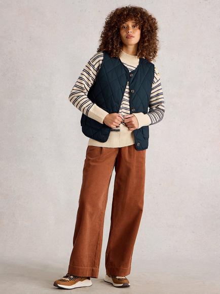 White Stuff Emily Organic Cotton Round Neck Quilted Gilet, Dark Navy