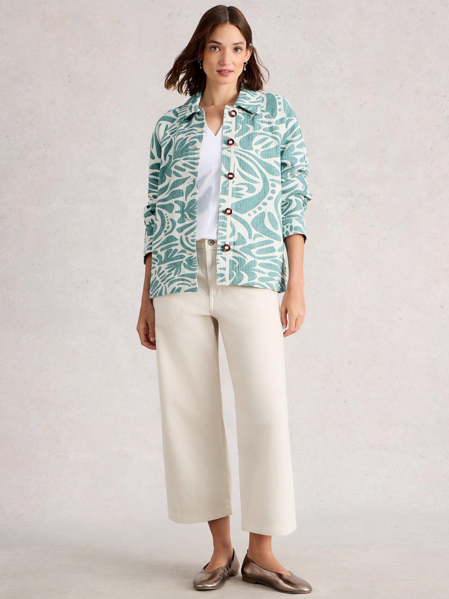 Product image 1 of 6, which shows White Stuff Eden Cotton Long Sleeve Collar Jacket, Aqua/White, 6