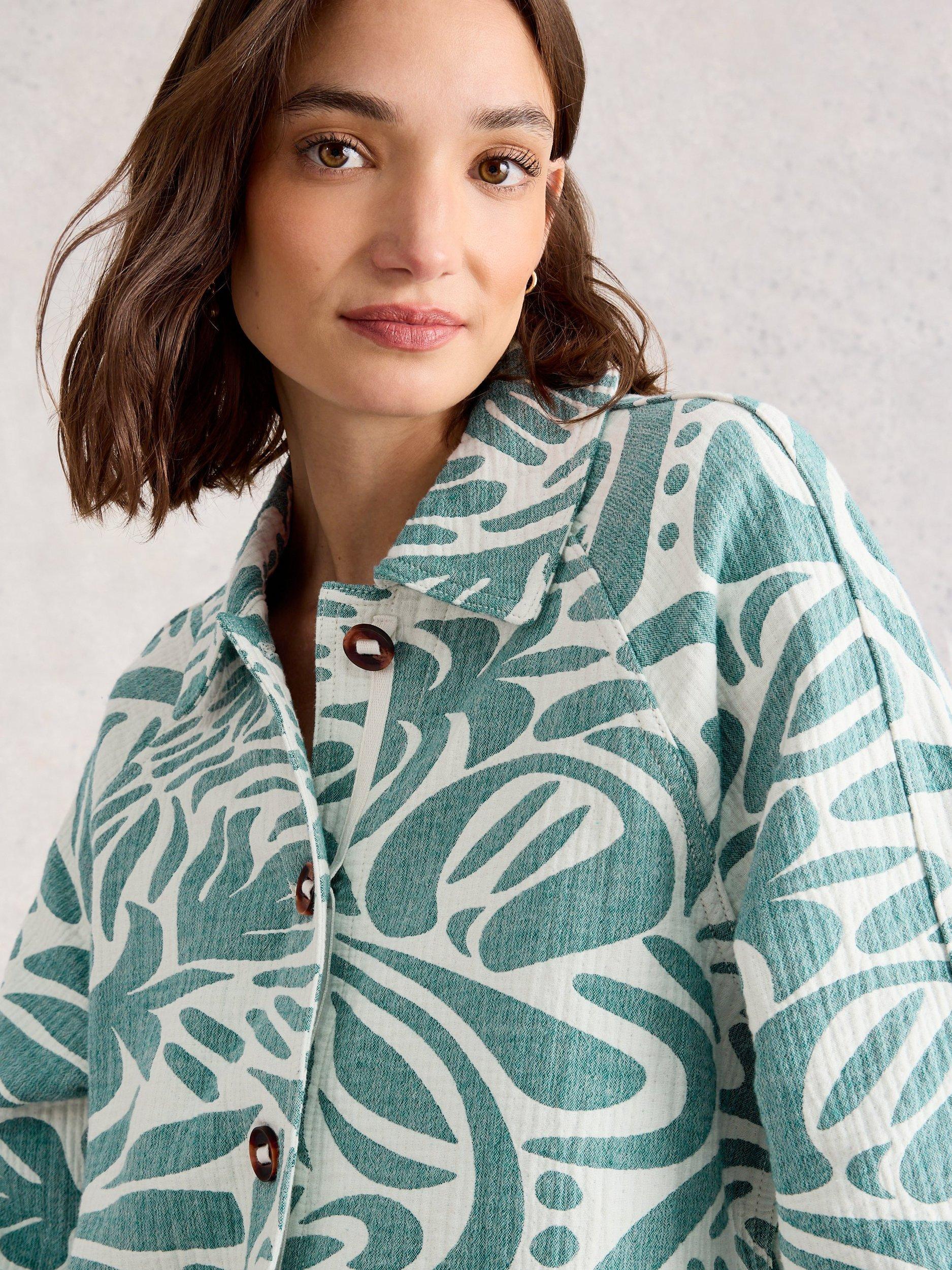 Product image 3 of 6, which shows White Stuff Eden Cotton Long Sleeve Collar Jacket, Aqua/White, 6
