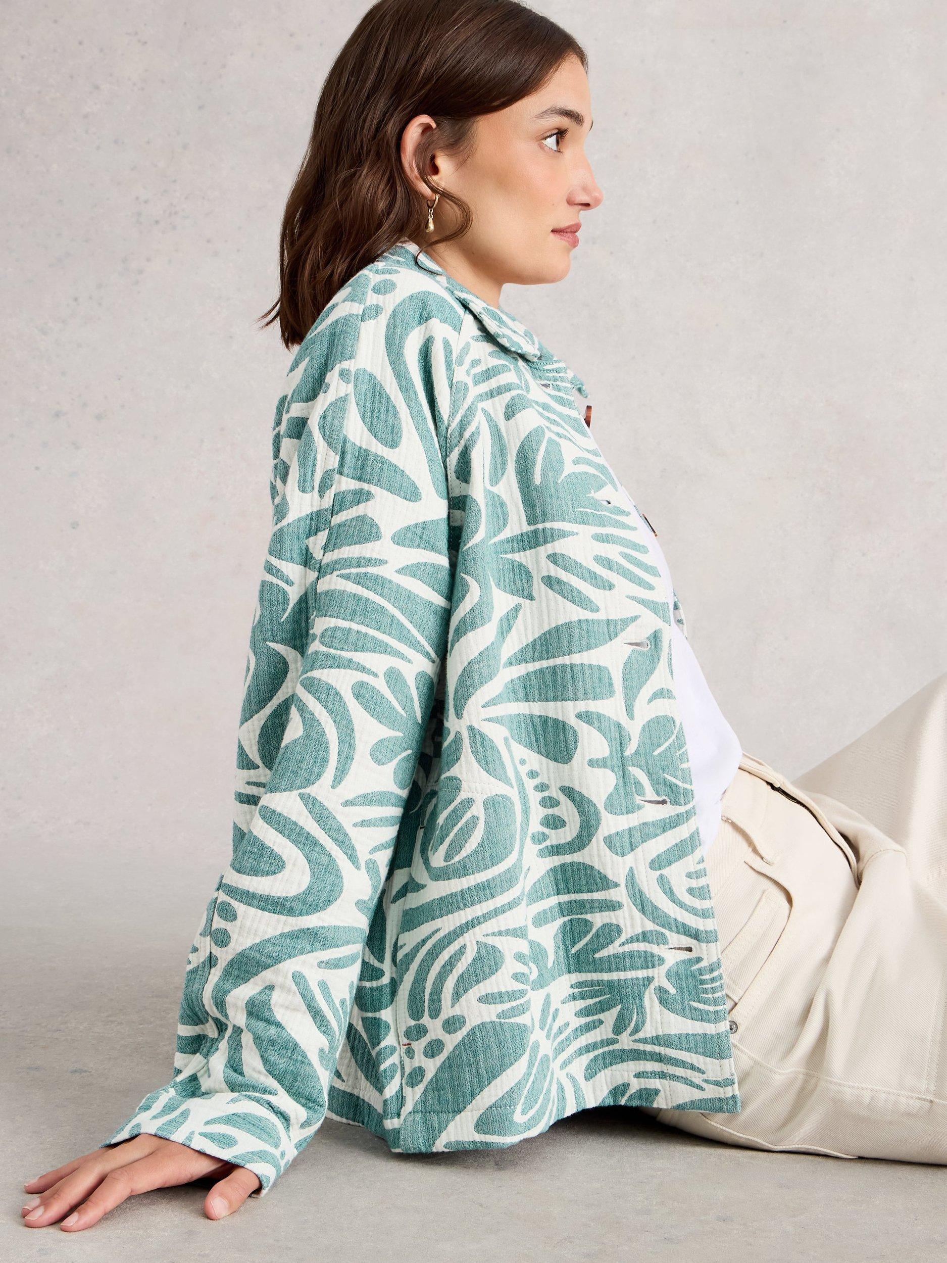 Product image 4 of 6, which shows White Stuff Eden Cotton Long Sleeve Collar Jacket, Aqua/White, 6