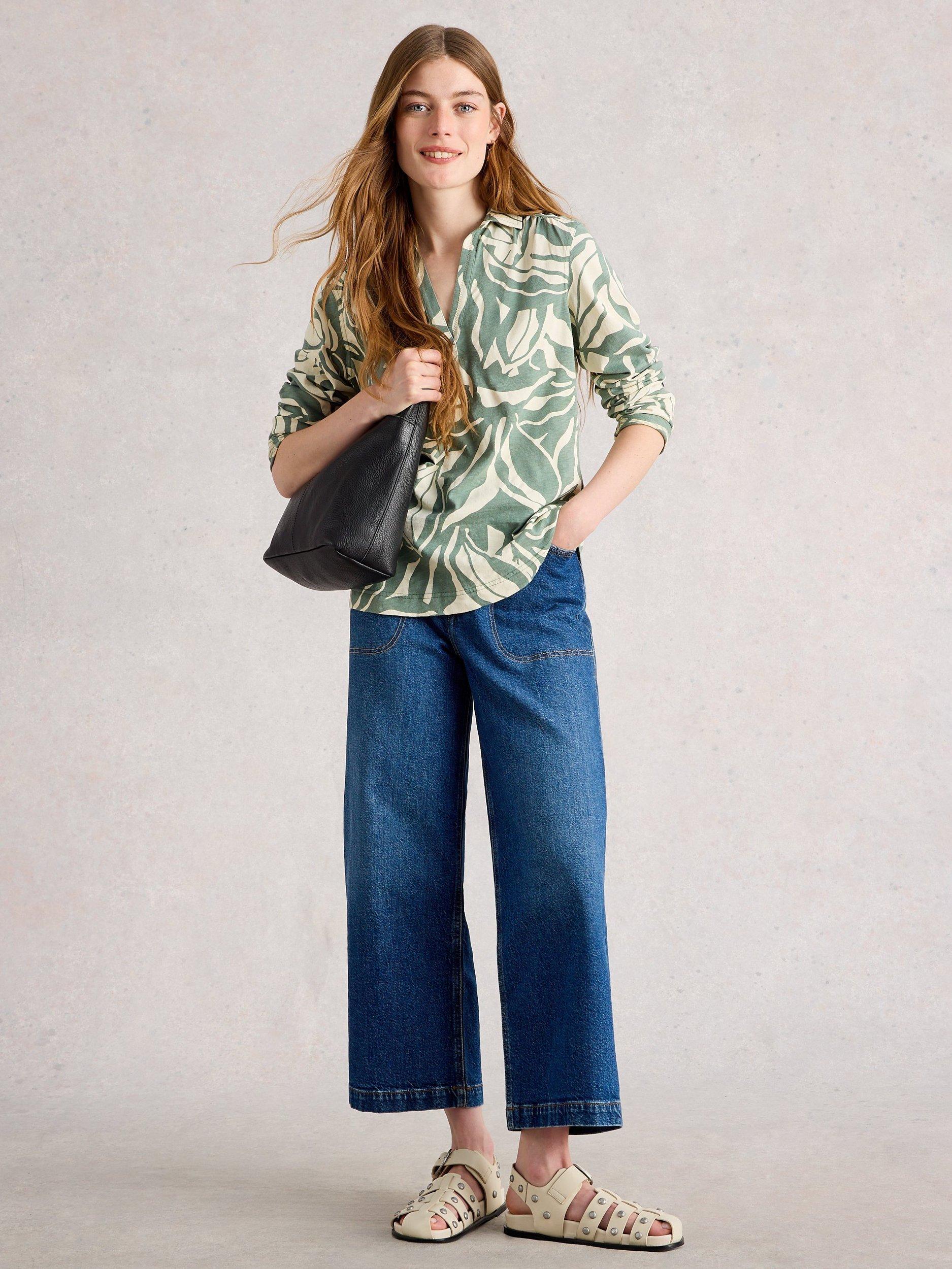 Product image 1 of 6, which shows White Stuff  Allie Tree Print Long Sleeved Cotton Shirt, Green/Multi, 6