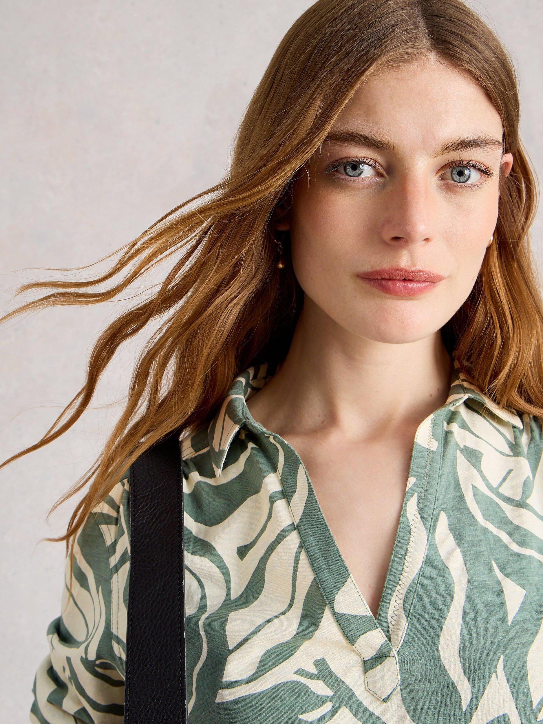 Product image 3 of 6, which shows White Stuff  Allie Tree Print Long Sleeved Cotton Shirt, Green/Multi, 6