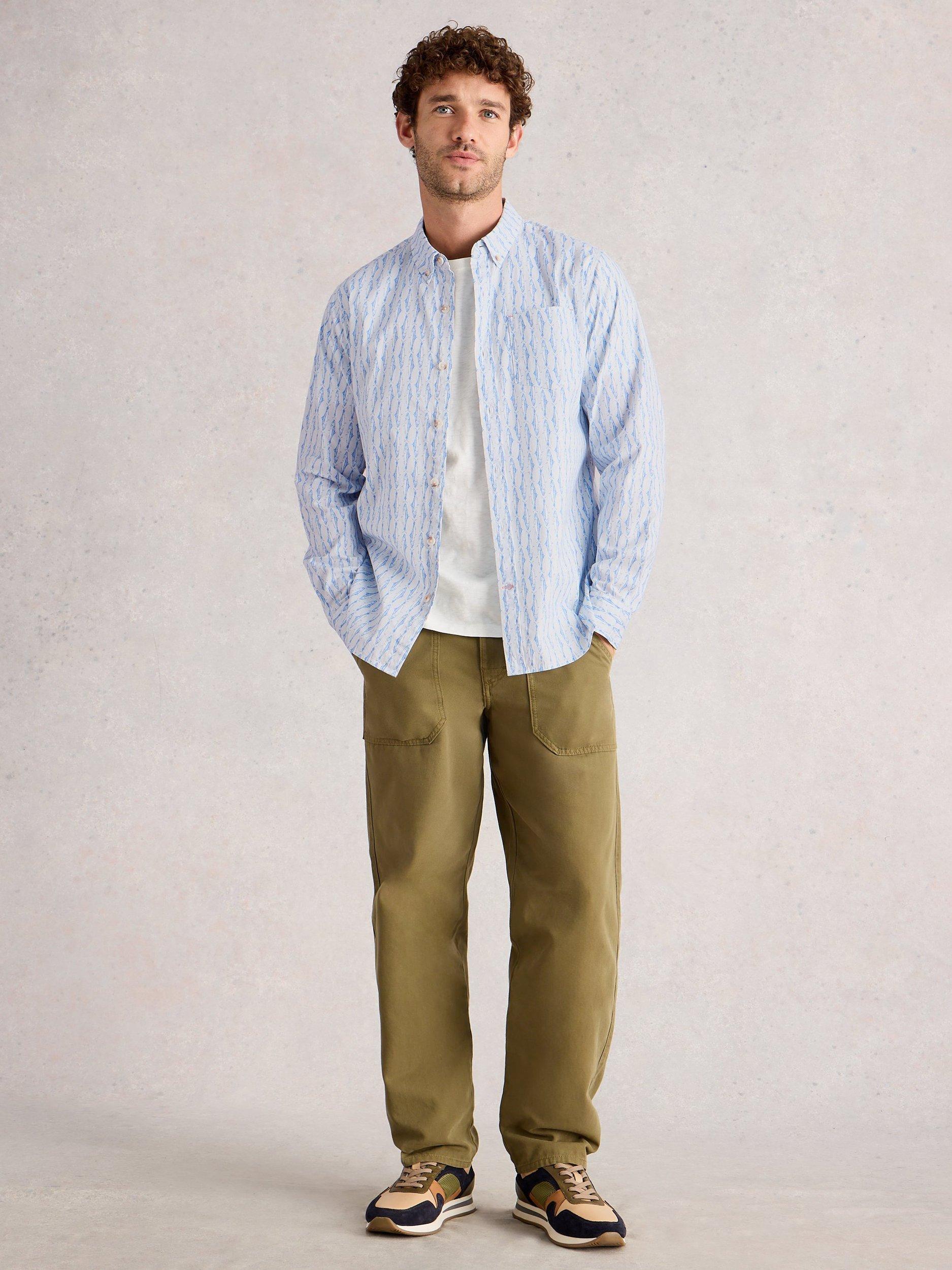 Product image 1 of 6, which shows White Stuff Salcombe Fish Print Cotton Blend Shirt, Mid Blue, S Reg