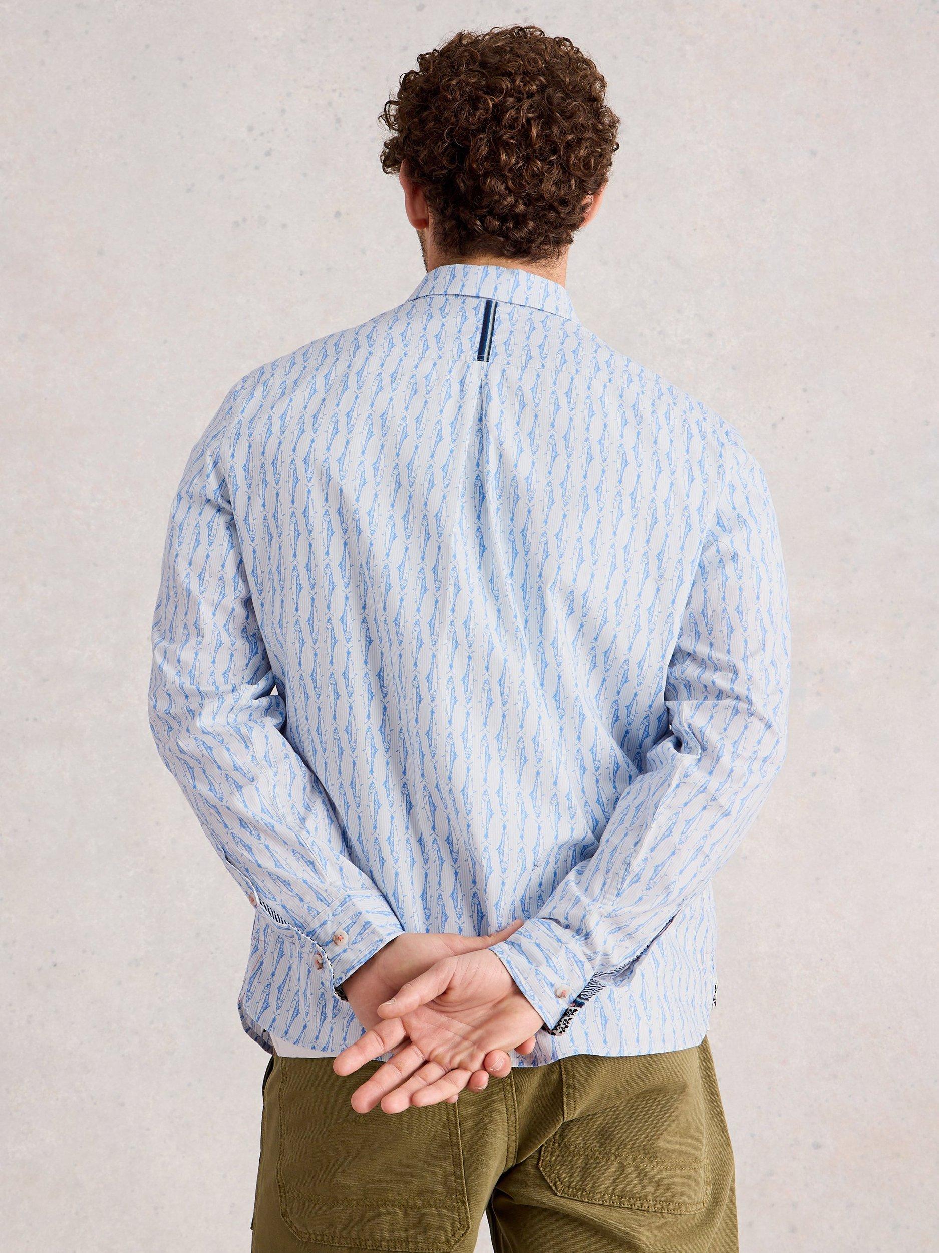 Product image 2 of 6, which shows White Stuff Salcombe Fish Print Cotton Blend Shirt, Mid Blue, S Reg