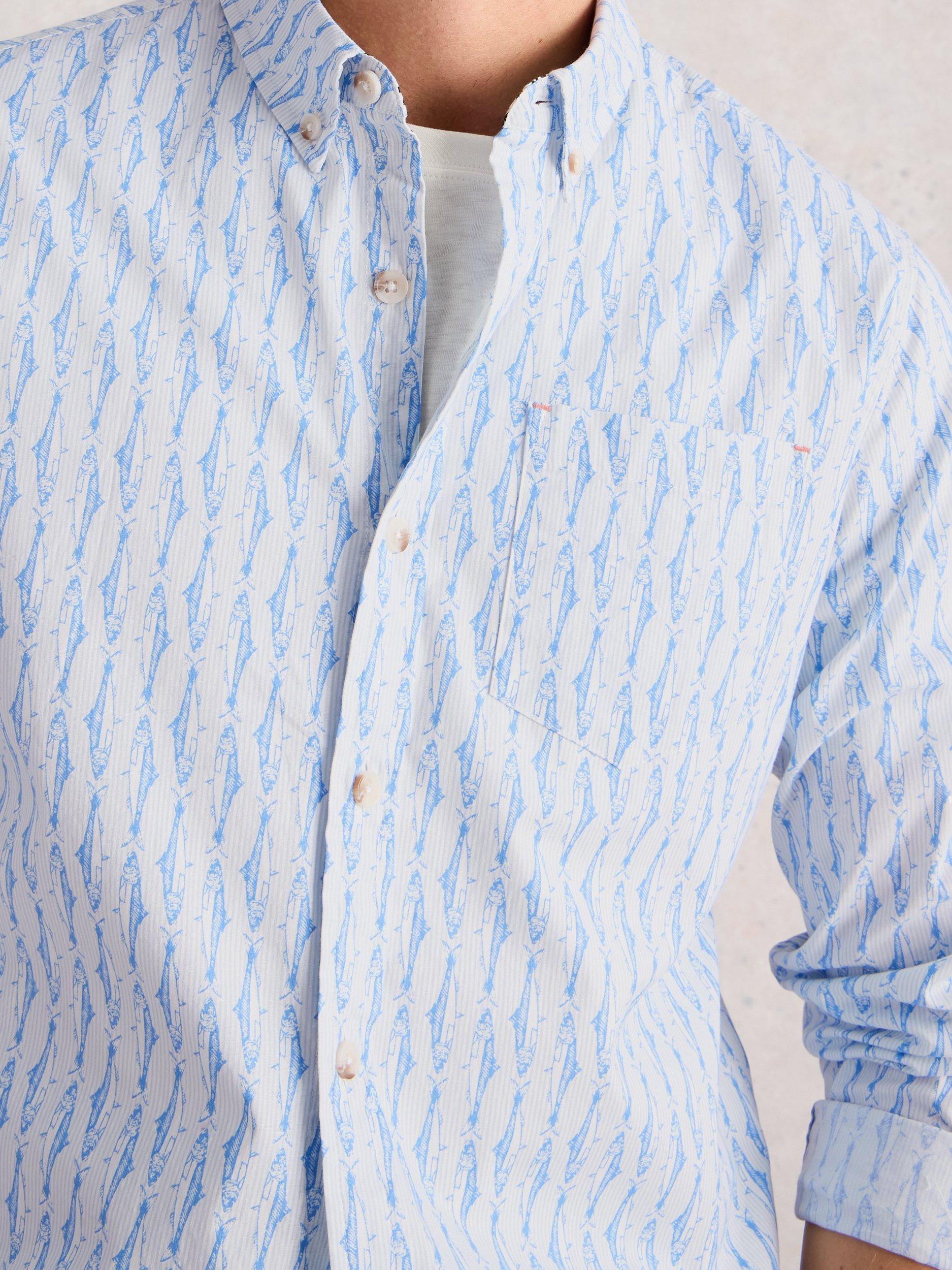 Product image 3 of 6, which shows White Stuff Salcombe Fish Print Cotton Blend Shirt, Mid Blue, S Reg