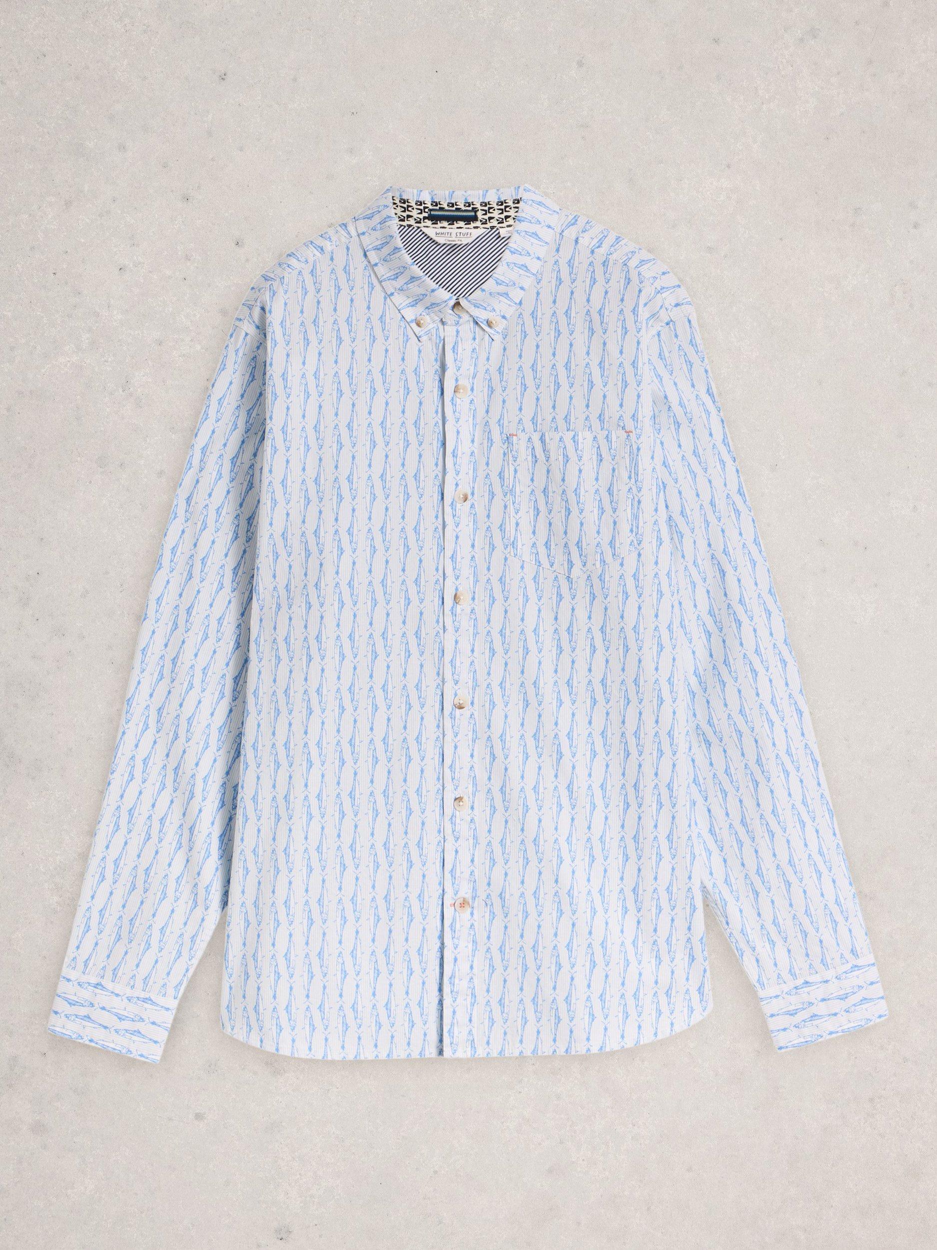Product image 5 of 6, which shows White Stuff Salcombe Fish Print Cotton Blend Shirt, Mid Blue, S Reg