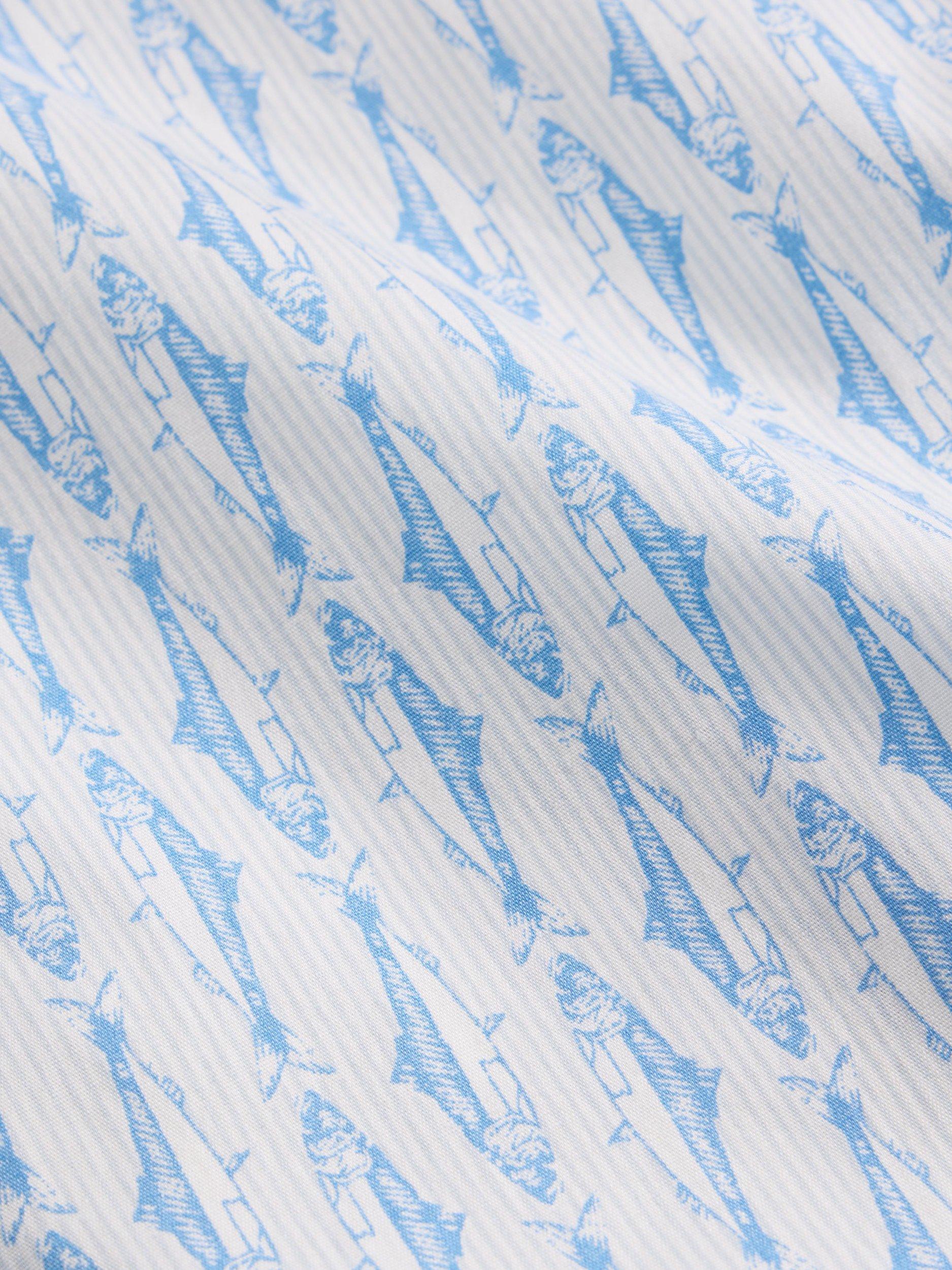 Product image 6 of 6, which shows White Stuff Salcombe Fish Print Cotton Blend Shirt, Mid Blue, S Reg