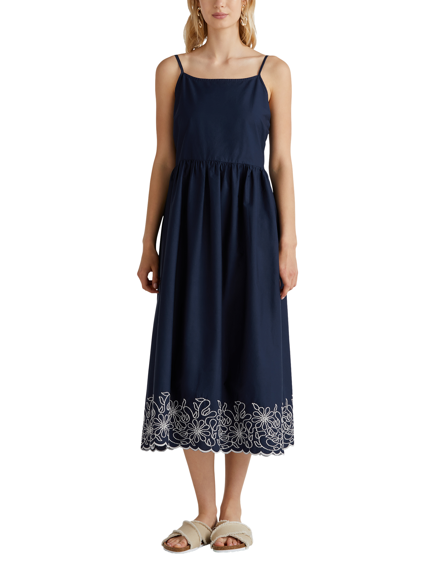 Product image 1 of 5, which shows Benetton Fitted Bodice Square Neck Cotton Midi Dress, Mid Blue, S