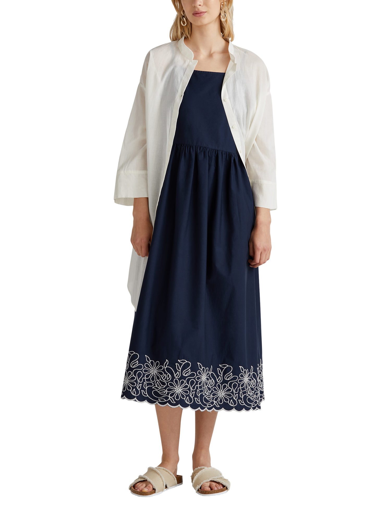 Product image 3 of 5, which shows Benetton Fitted Bodice Square Neck Cotton Midi Dress, Mid Blue, S
