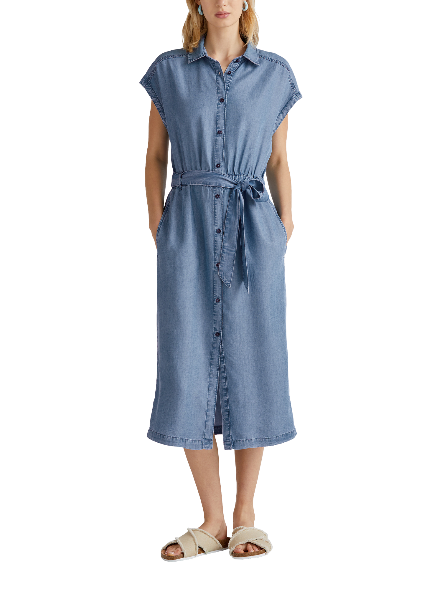 Product image 1 of 5, which shows Benetton Short Sleeve Tie Waist Denim Midi Dress, Mid Blue, S