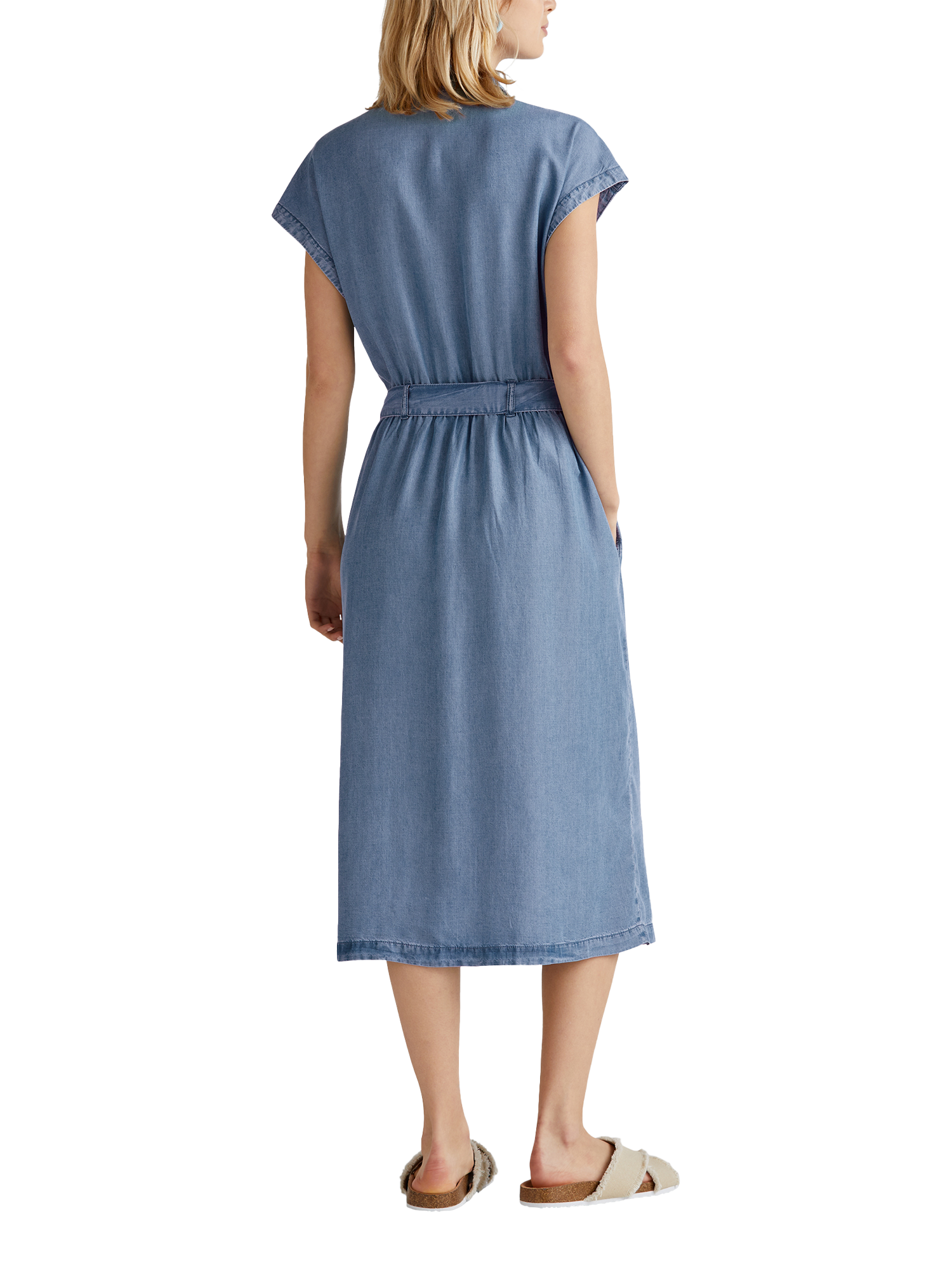 Product image 2 of 5, which shows Benetton Short Sleeve Tie Waist Denim Midi Dress, Mid Blue, S