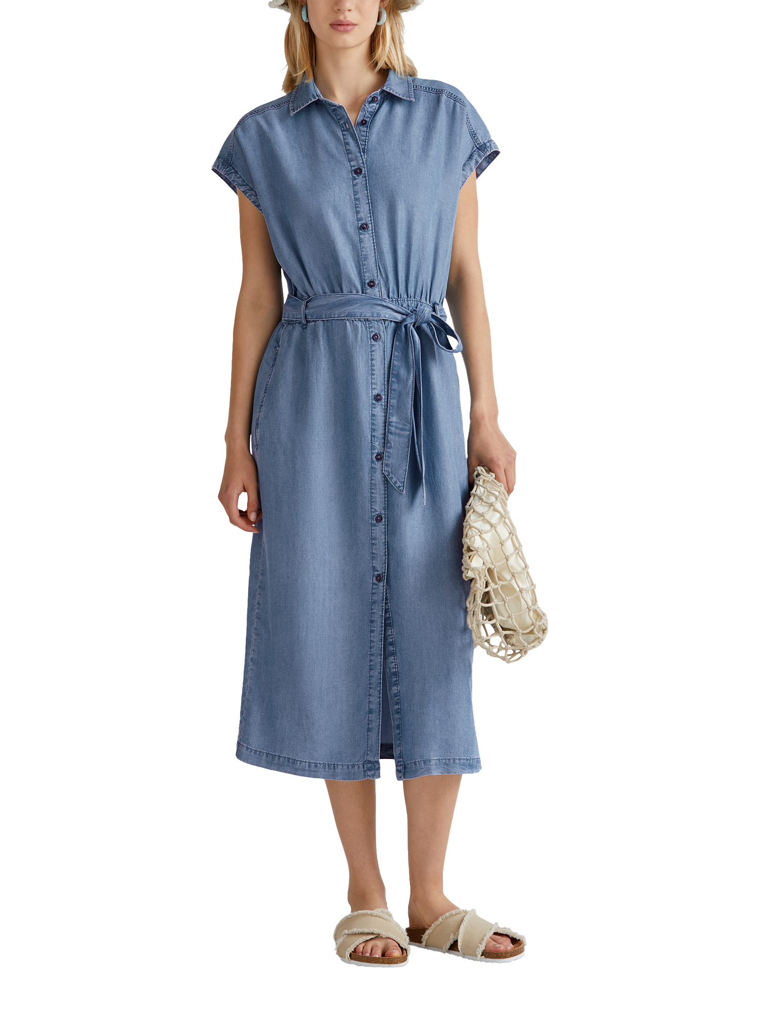 Product image 3 of 5, which shows Benetton Short Sleeve Tie Waist Denim Midi Dress, Mid Blue, S