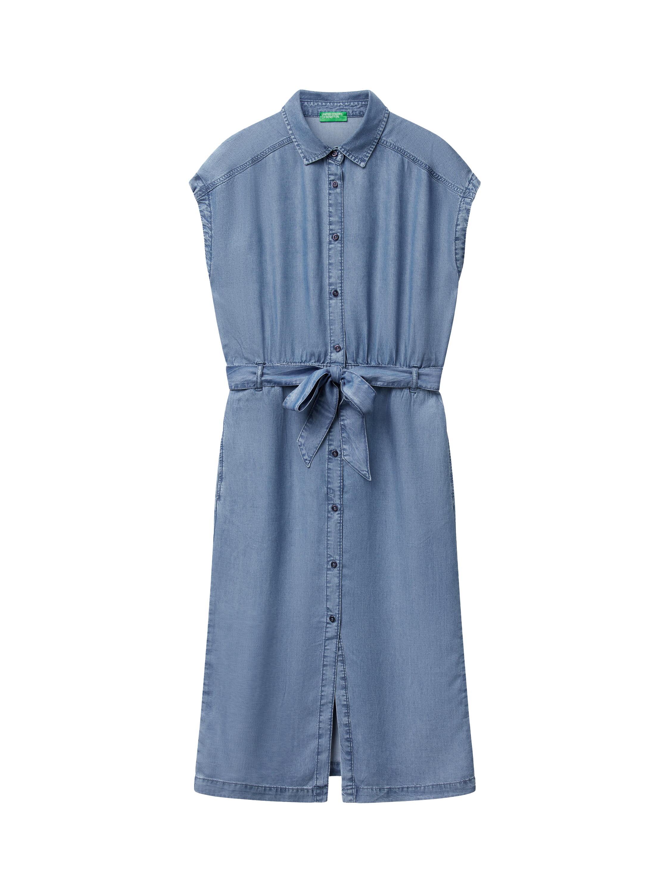 Product image 4 of 5, which shows Benetton Short Sleeve Tie Waist Denim Midi Dress, Mid Blue, S
