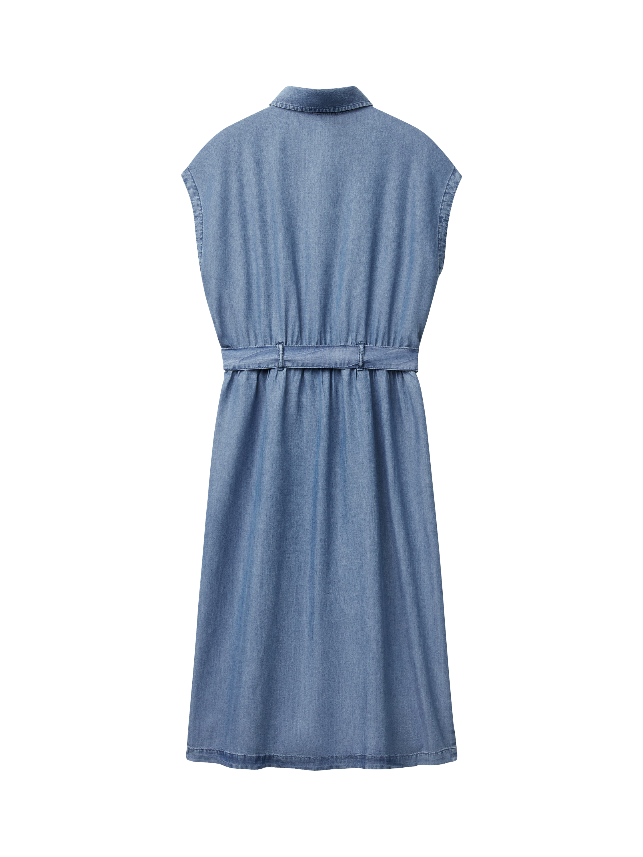 Product image 5 of 5, which shows Benetton Short Sleeve Tie Waist Denim Midi Dress, Mid Blue, S