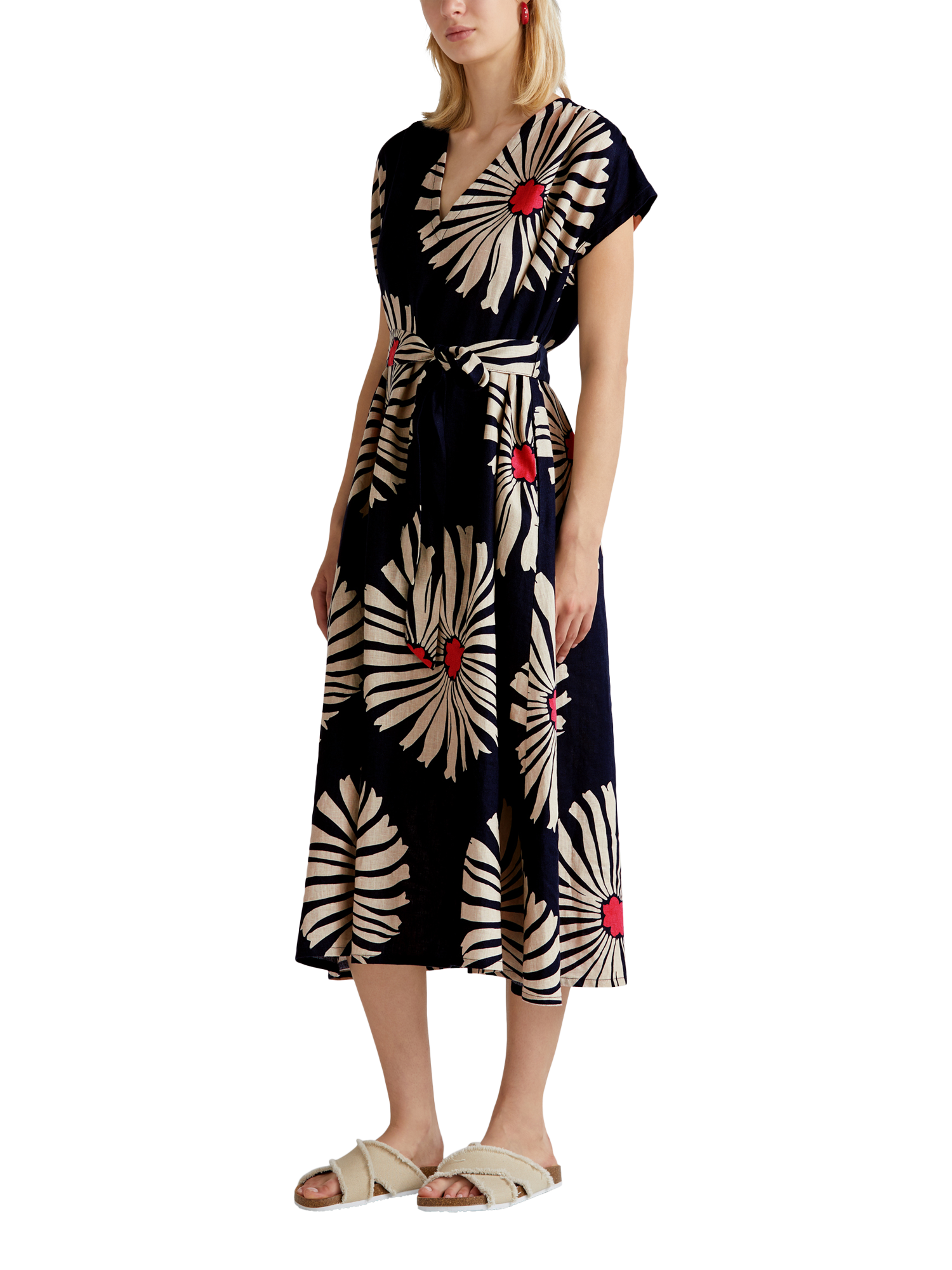Product image 1 of 5, which shows Benetton Floral V-Neck Flared Short Sleeve Linen Midi Dress, Blue/Multi, XS