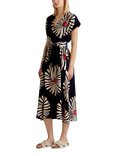 Benetton Floral V-Neck Flared Short Sleeve Linen Midi Dress