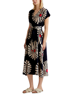 Benetton Floral V-Neck Flared Short Sleeve Linen Midi Dress, Blue/Multi