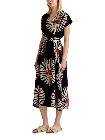 Benetton Floral V-Neck Flared Short Sleeve Linen Midi Dress, Blue/Multi