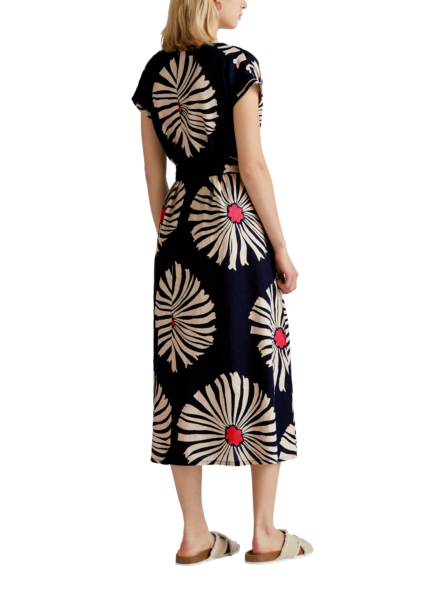 Product image 2 of 5, which shows Benetton Floral V-Neck Flared Short Sleeve Linen Midi Dress, Blue/Multi, XS
