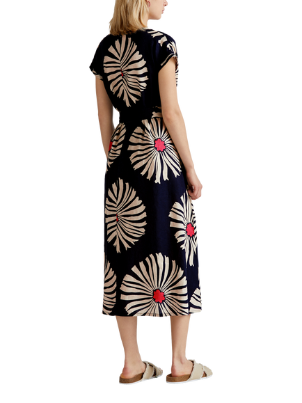 Benetton Floral V-Neck Flared Short Sleeve Linen Midi Dress - view 2, Blue/Multi
