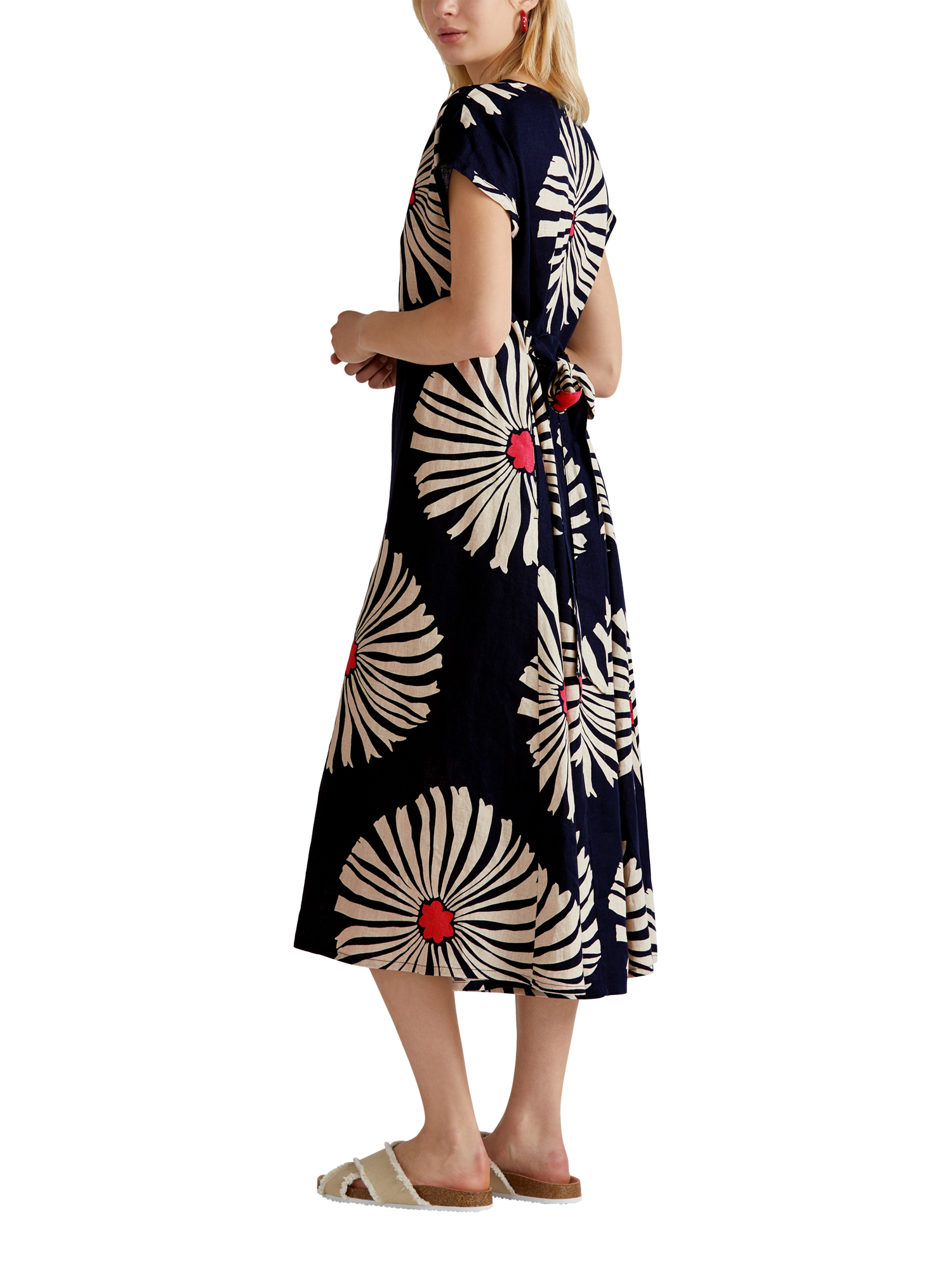 Product image 3 of 5, which shows Benetton Floral V-Neck Flared Short Sleeve Linen Midi Dress, Blue/Multi, XS