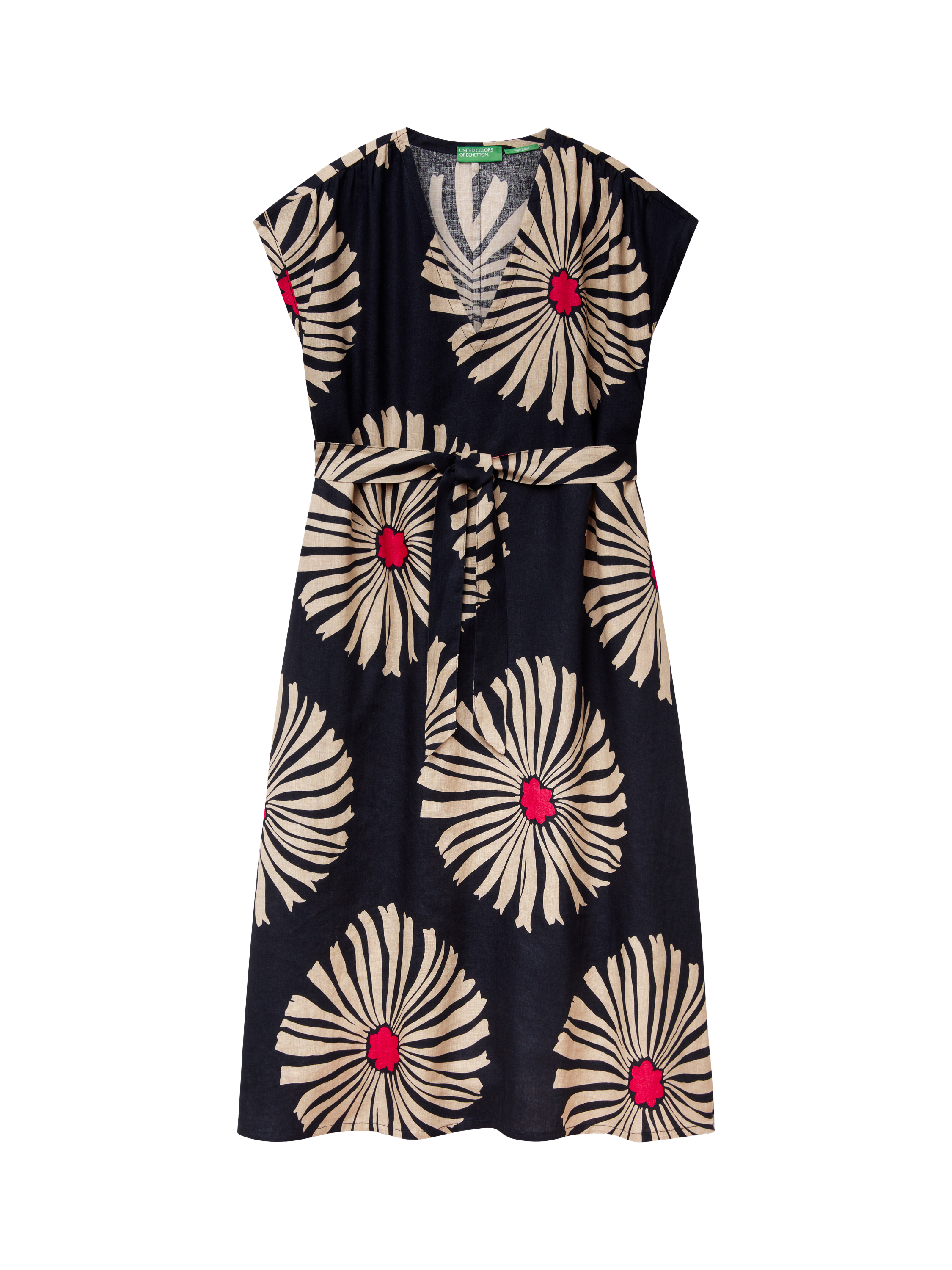 Product image 4 of 5, which shows Benetton Floral V-Neck Flared Short Sleeve Linen Midi Dress, Blue/Multi, XS