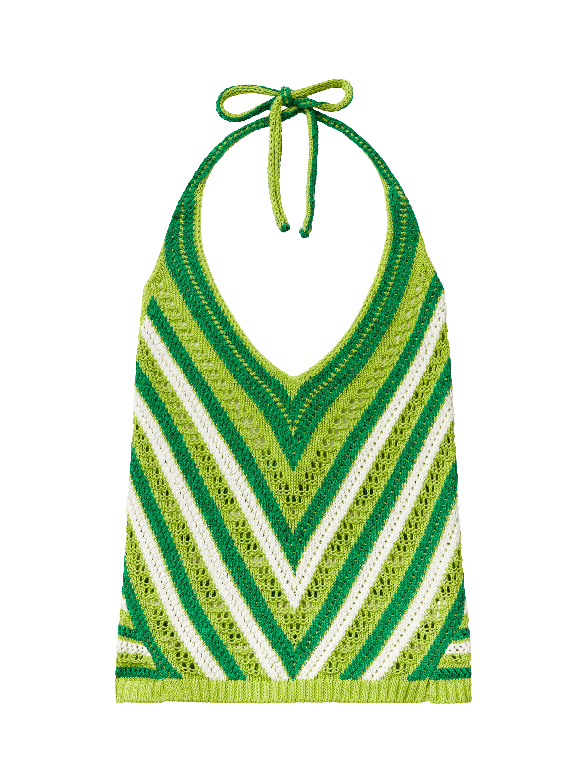 Product image 4 of 6, which shows Benetton Geometric Striped Halterneck Knitted Cotton Blend Top, Green/Multi, S