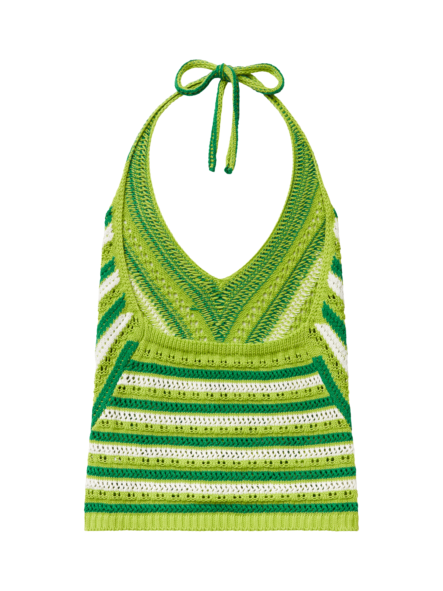 Product image 5 of 6, which shows Benetton Geometric Striped Halterneck Knitted Cotton Blend Top, Green/Multi, S