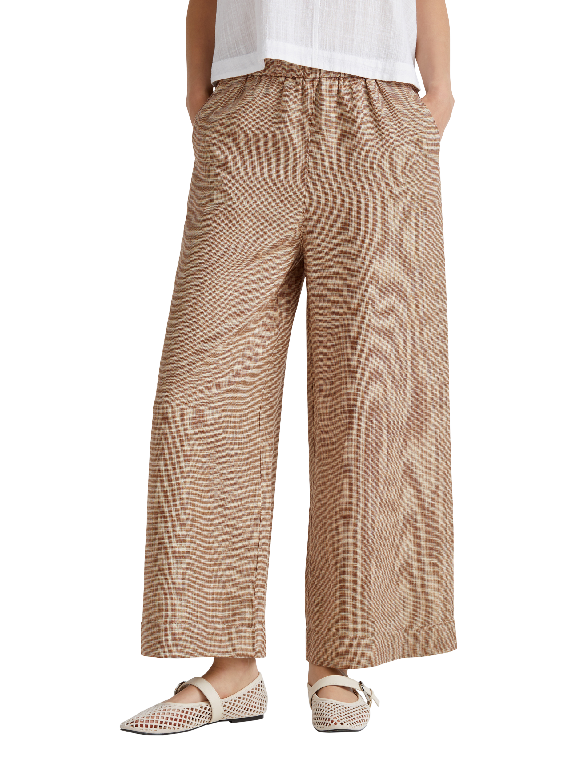 Product image 1 of 5, which shows Benetton Wide Leg Mid Cropped Linen Blend Trousers, Mid Brown, XL