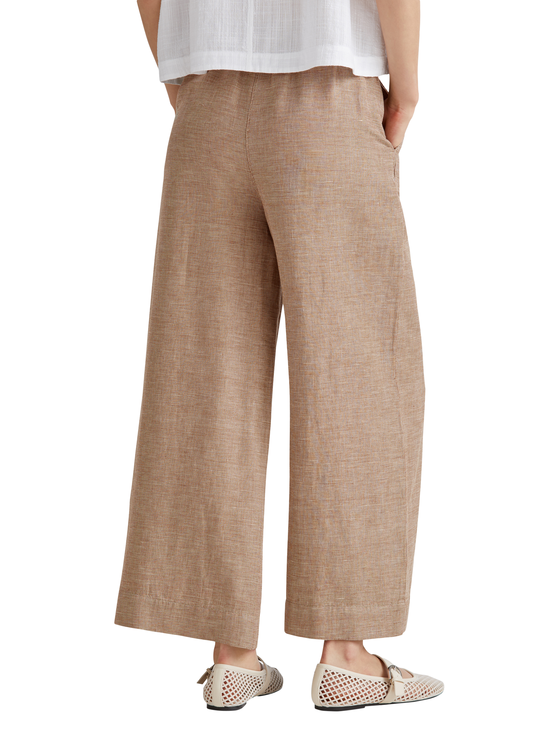 Product image 2 of 5, which shows Benetton Wide Leg Mid Cropped Linen Blend Trousers, Mid Brown, XL