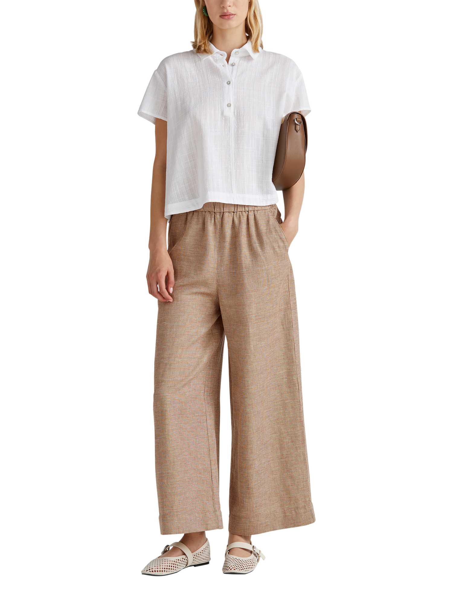Product image 3 of 5, which shows Benetton Wide Leg Mid Cropped Linen Blend Trousers, Mid Brown, XL