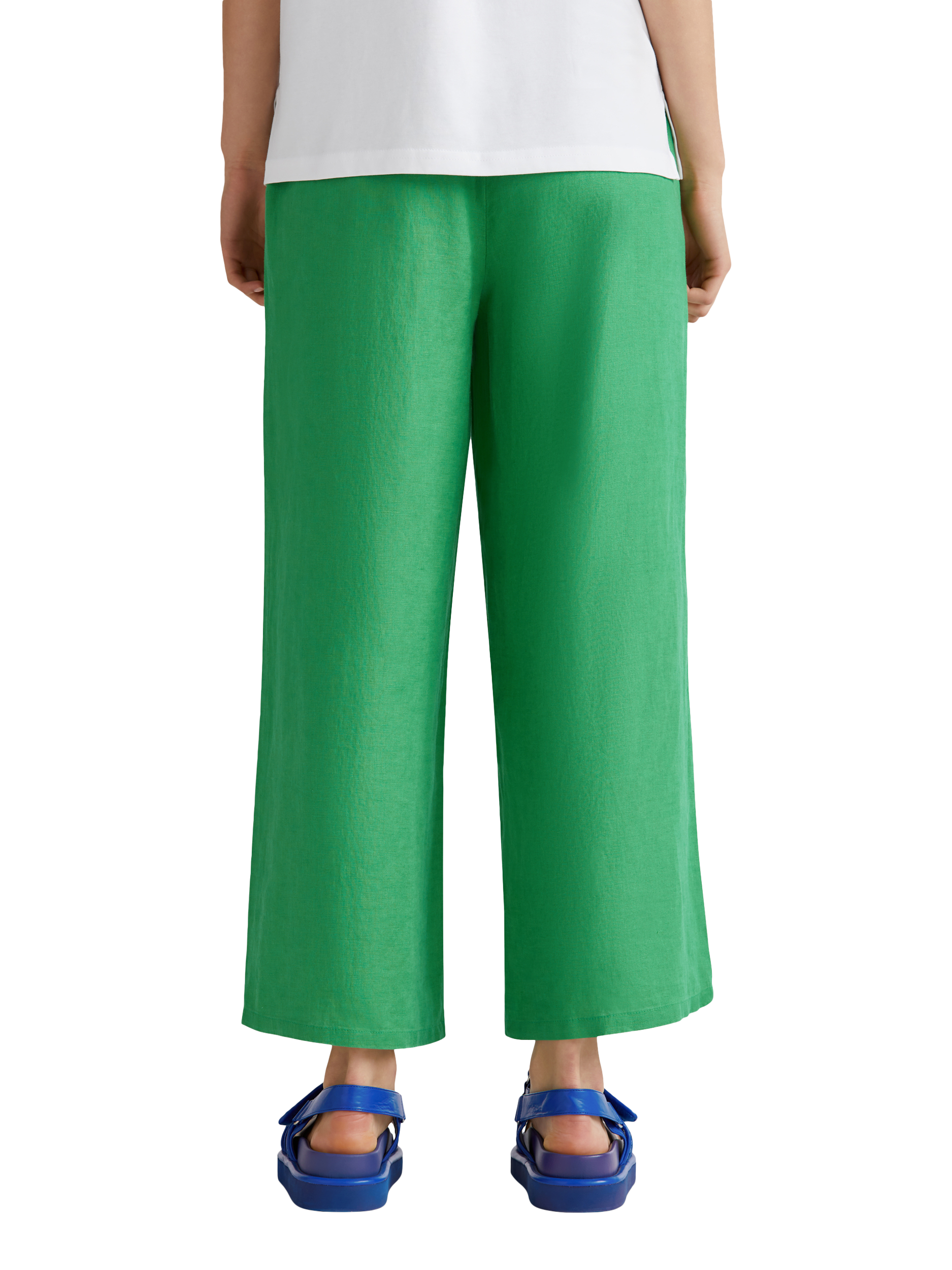 Product image 2 of 5, which shows Benetton Wide Leg Mid Cropped Linen Trousers, Mid Green, XS