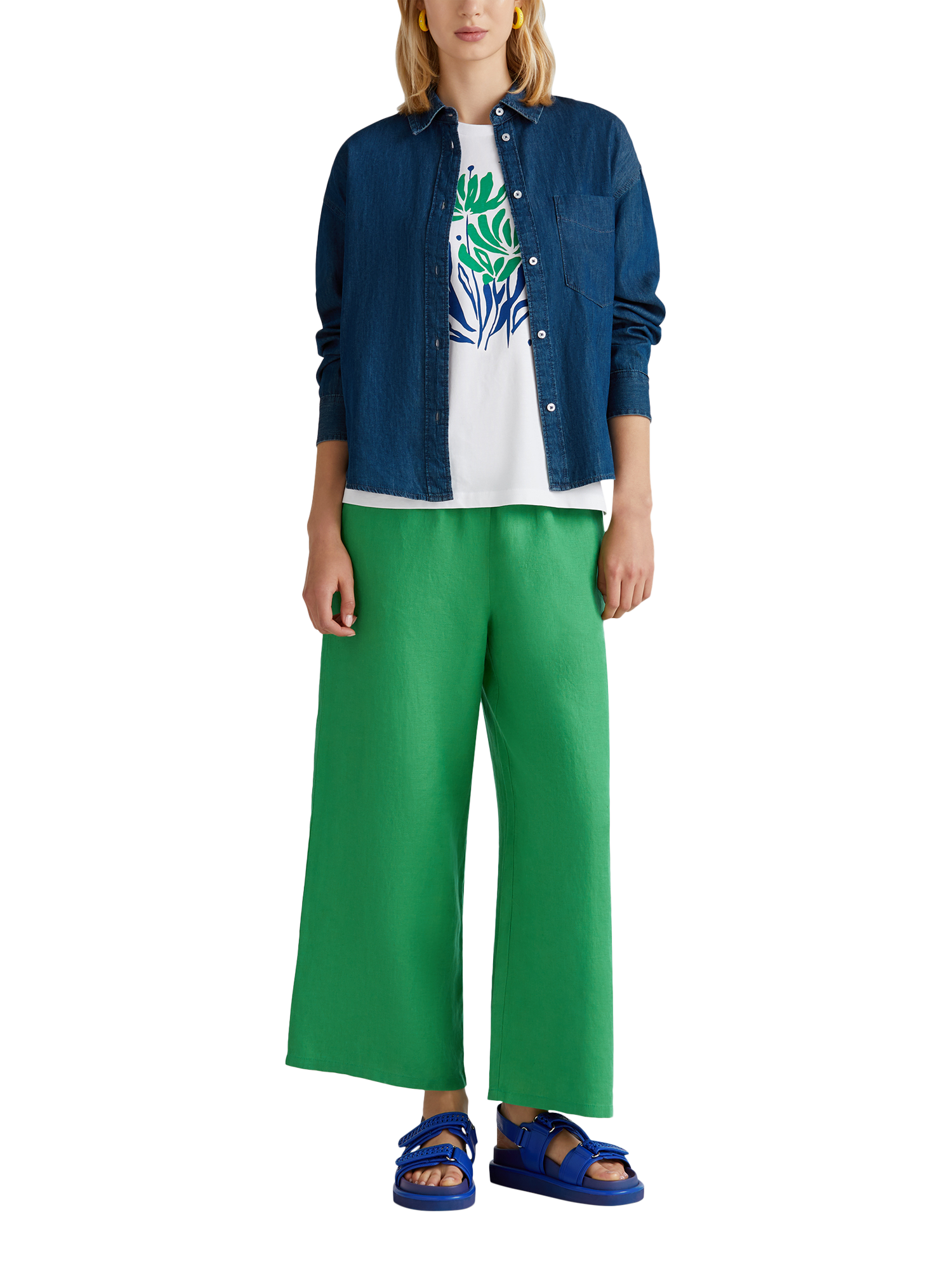 Product image 3 of 5, which shows Benetton Wide Leg Mid Cropped Linen Trousers, Mid Green, XS